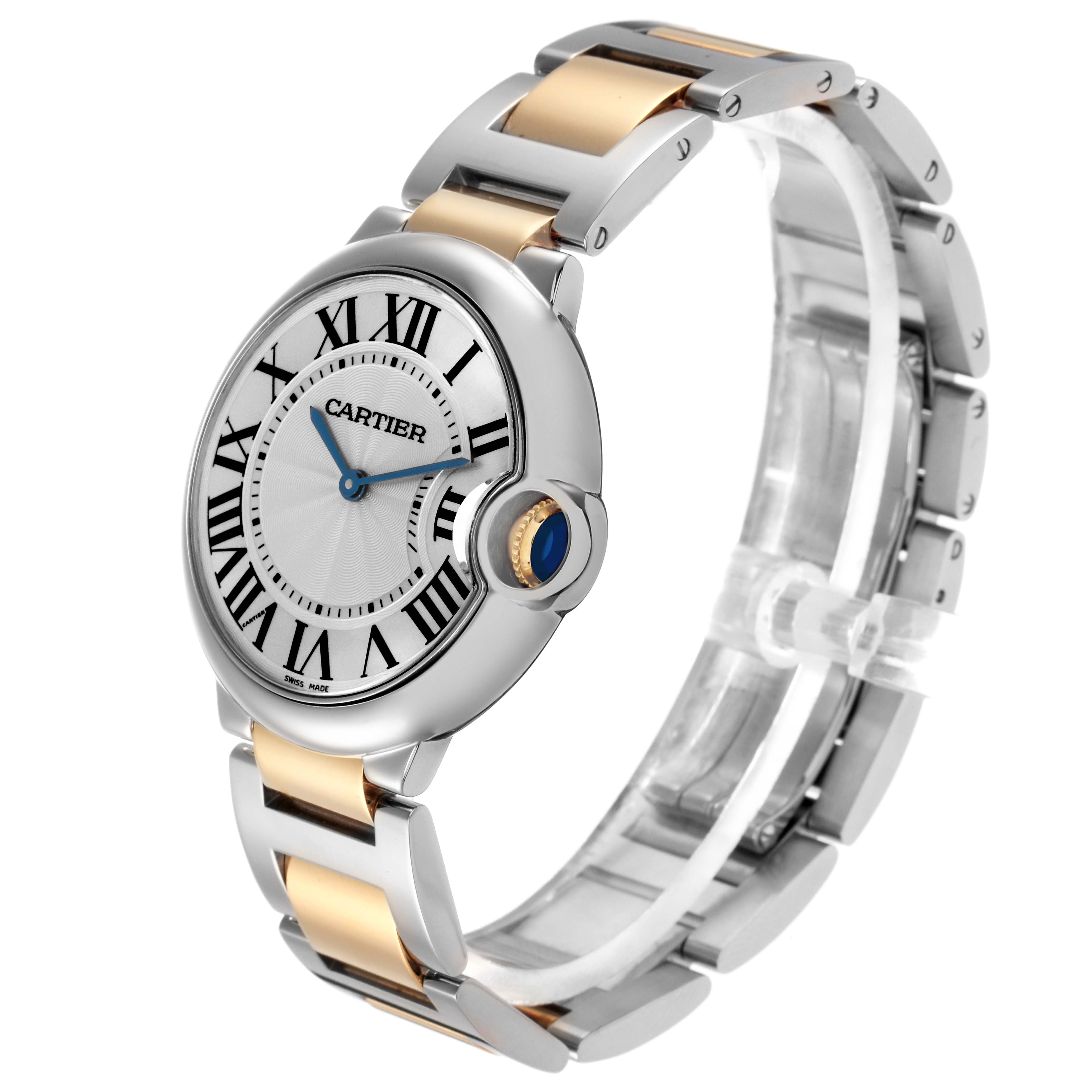 The image shows a side angle of the Cartier Ballon Bleu, model number W69008Z3, highlighting its two-tone bracelet and the prominent round case with Roman numerals.
