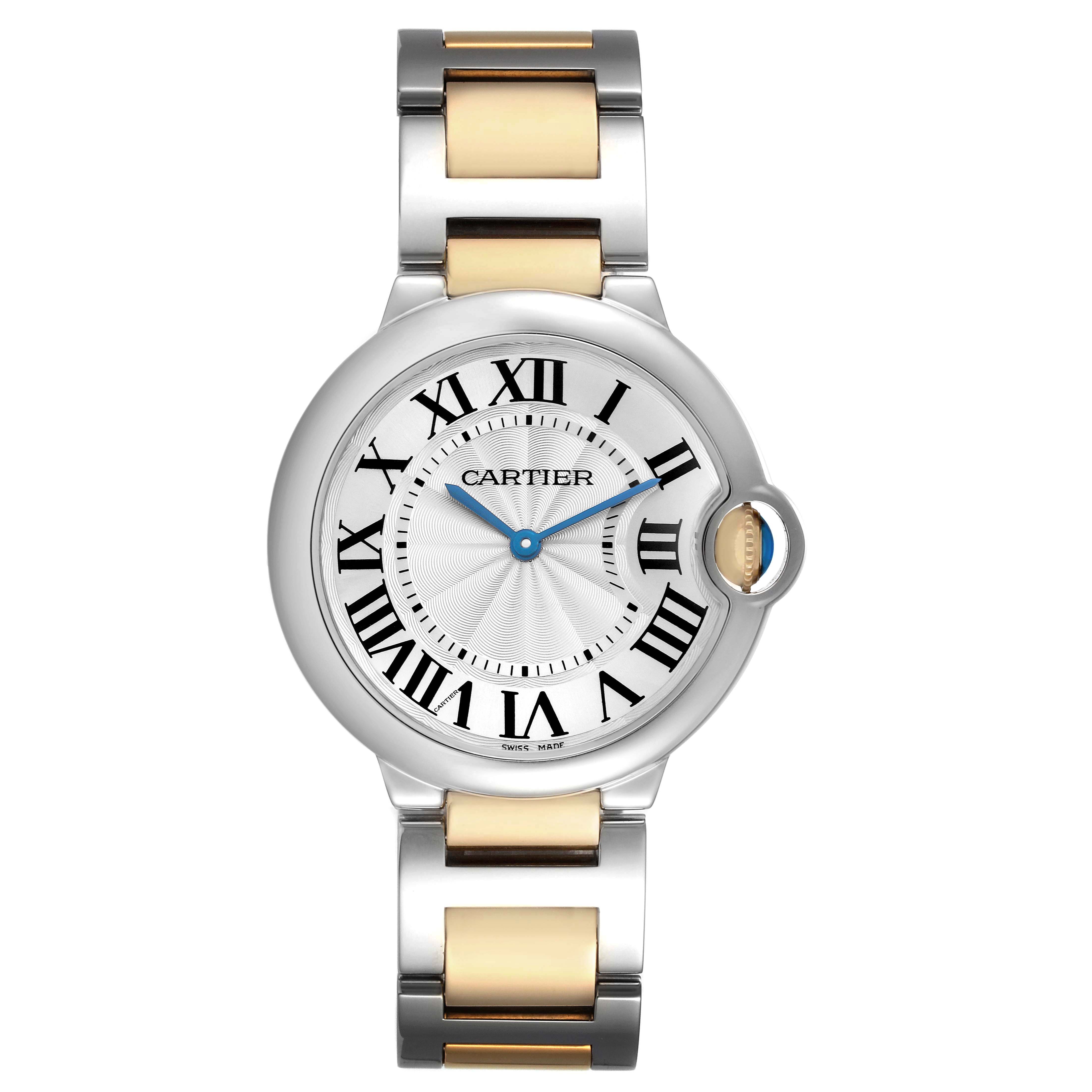 The Cartier Ballon Bleu W69008Z3 Men's Steel and Gold (two tone) Silver Dial watch is shown from a front angle highlighting its round face, Roman numerals, and two-tone bracelet.