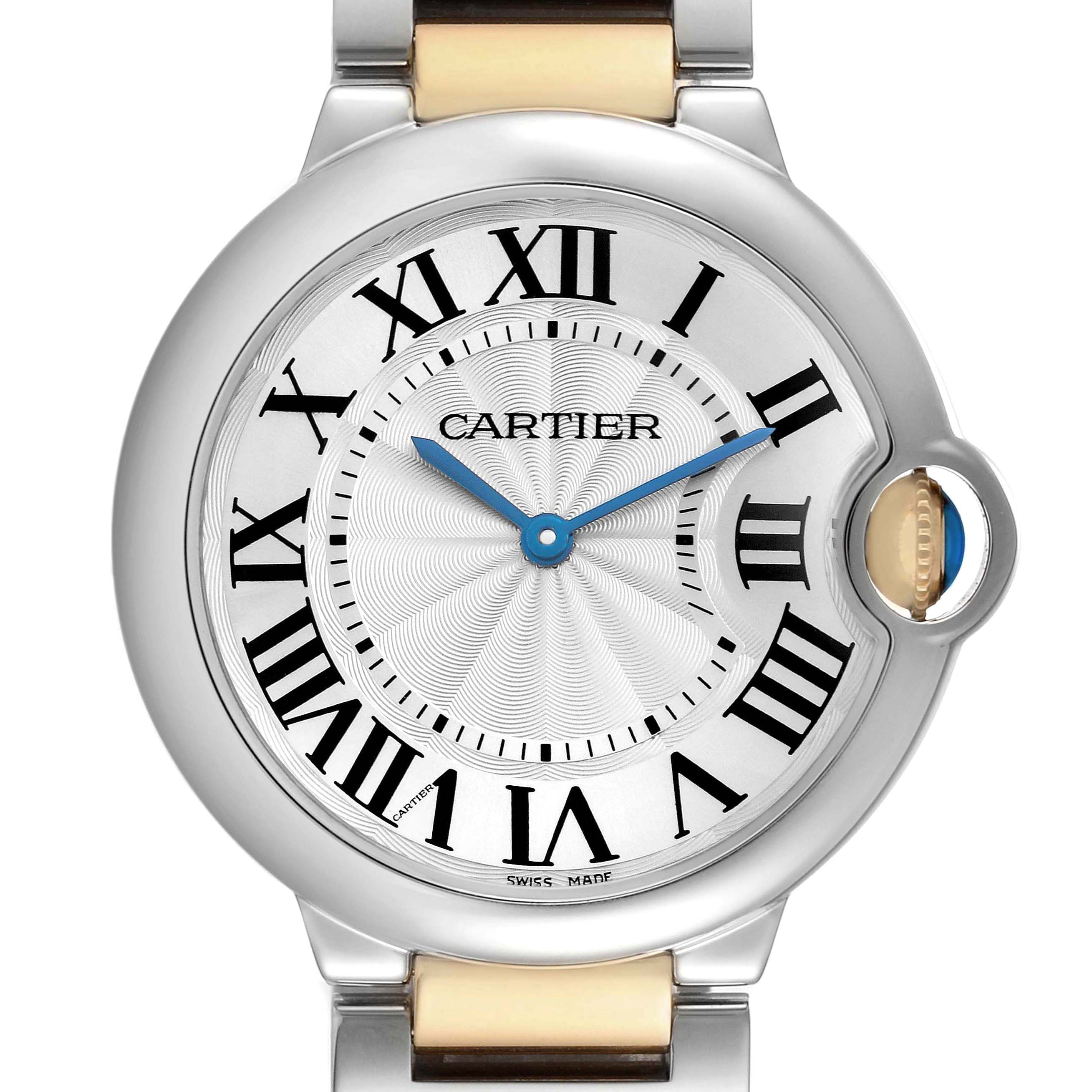 The Cartier Ballon Bleu W69008Z3 Men's Steel and Gold (two tone) Silver Dial watch is shown from the front, displaying its dial, Roman numerals, blue hands, and unique crown design.