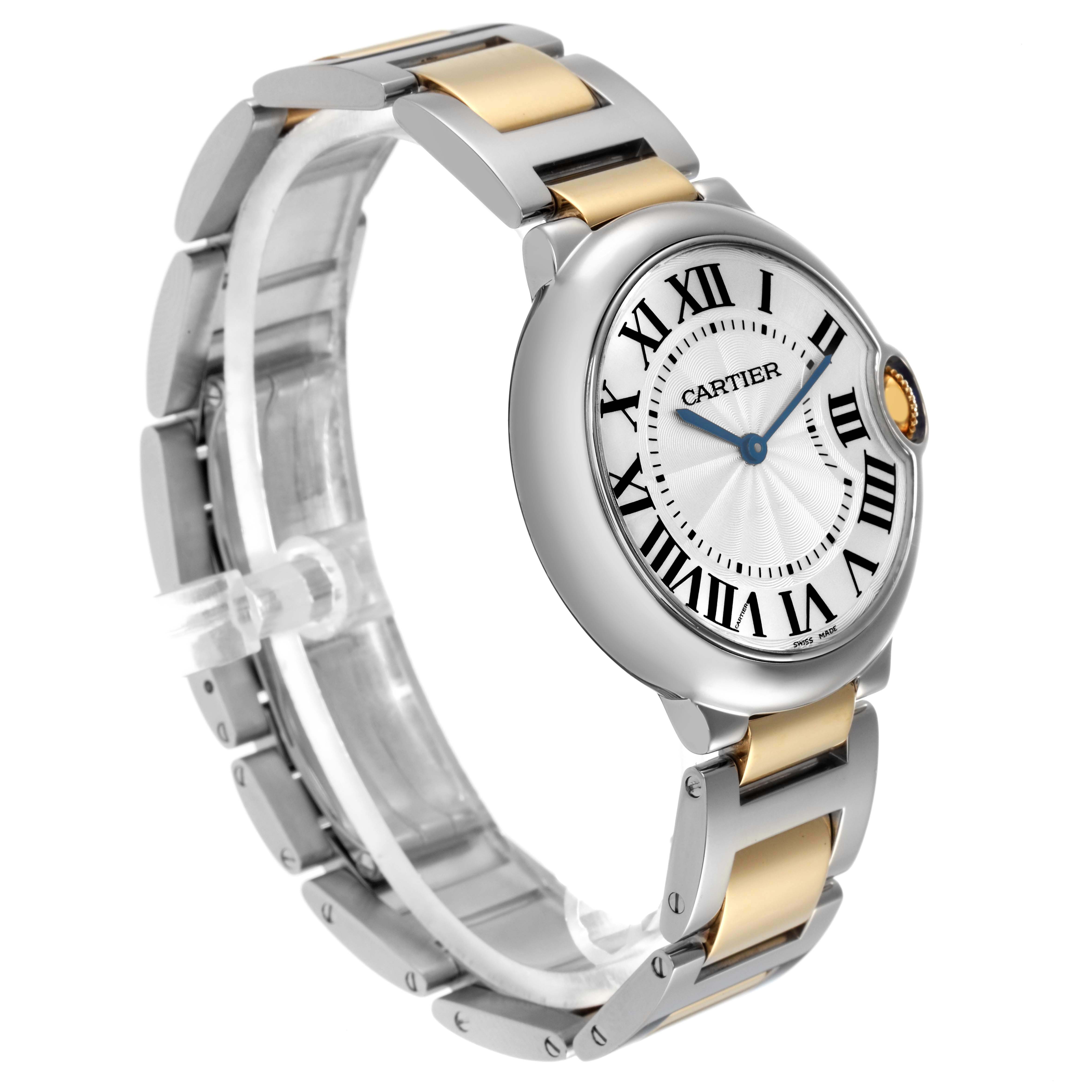 The Cartier Ballon Bleu W69008Z3 men's watch is shown at a three-quarter angle, highlighting the face, roman numerals, and two-tone bracelet.