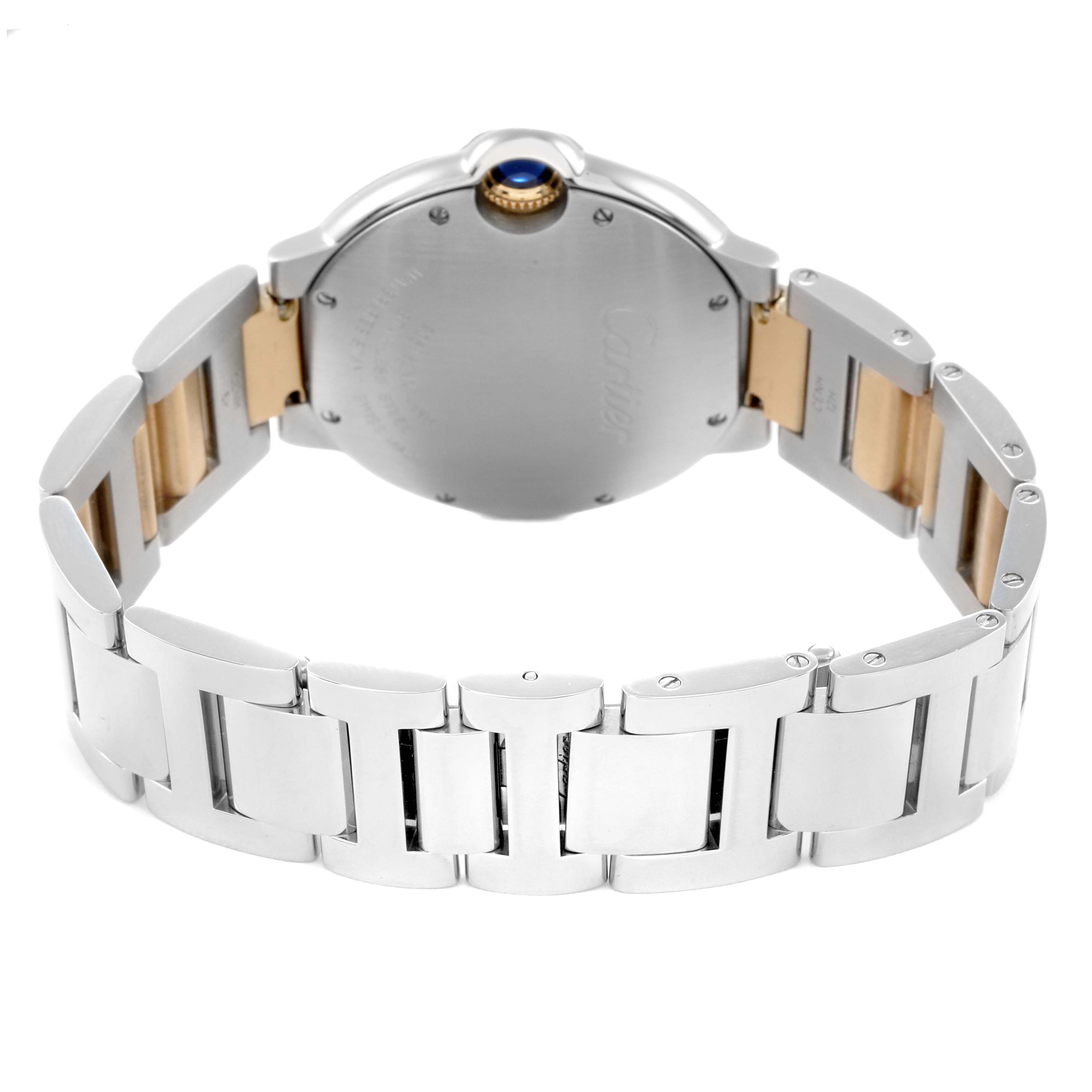 The image shows the back of a Cartier Ballon Bleu W69008Z3 Men's Steel and Gold (two tone) Silver Dial watch with its bracelet, highlighting the case and crown side.