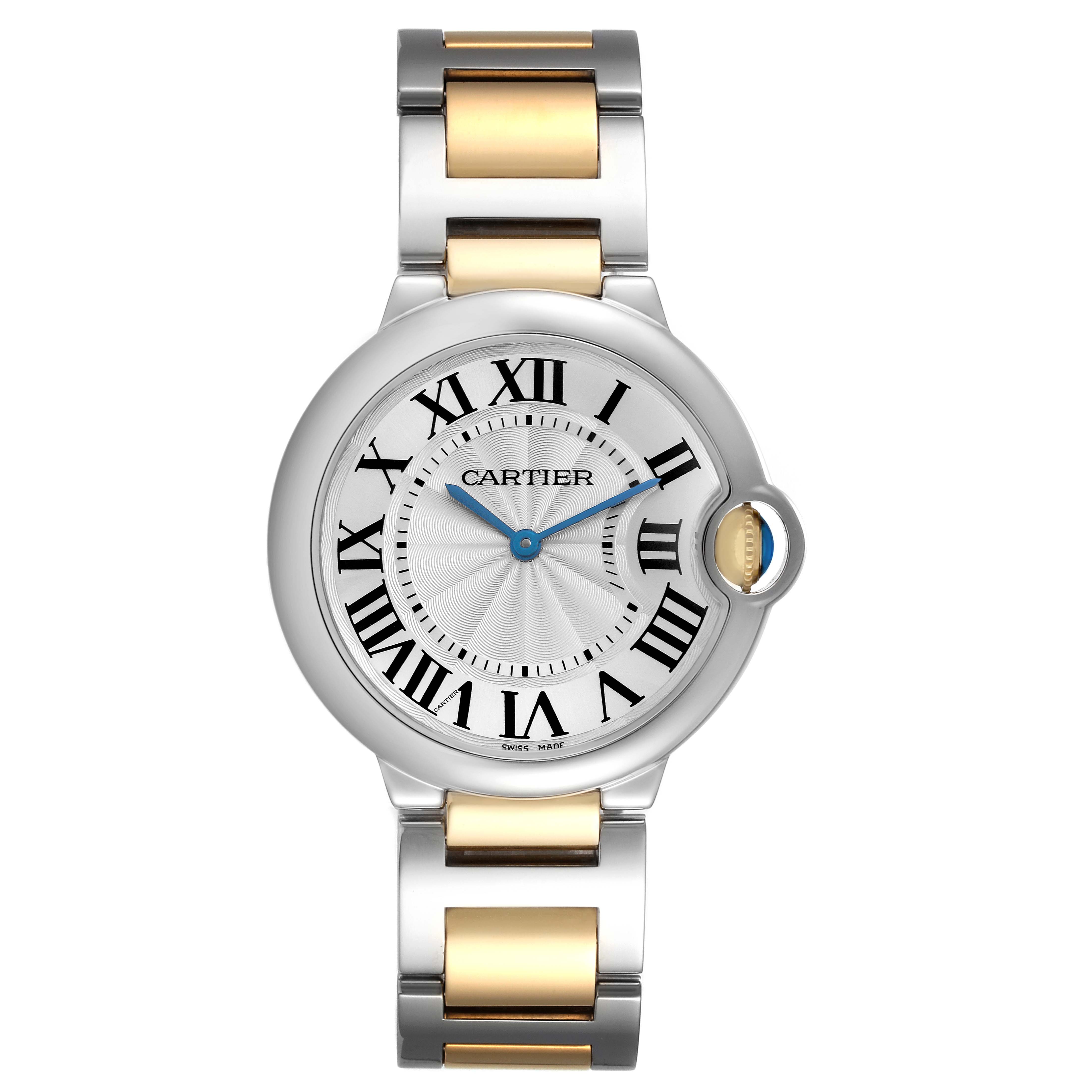 The image shows a Cartier Ballon Bleu, model W69008Z3, from a frontal angle, highlighting its round face, Roman numerals, and two-tone metal bracelet.