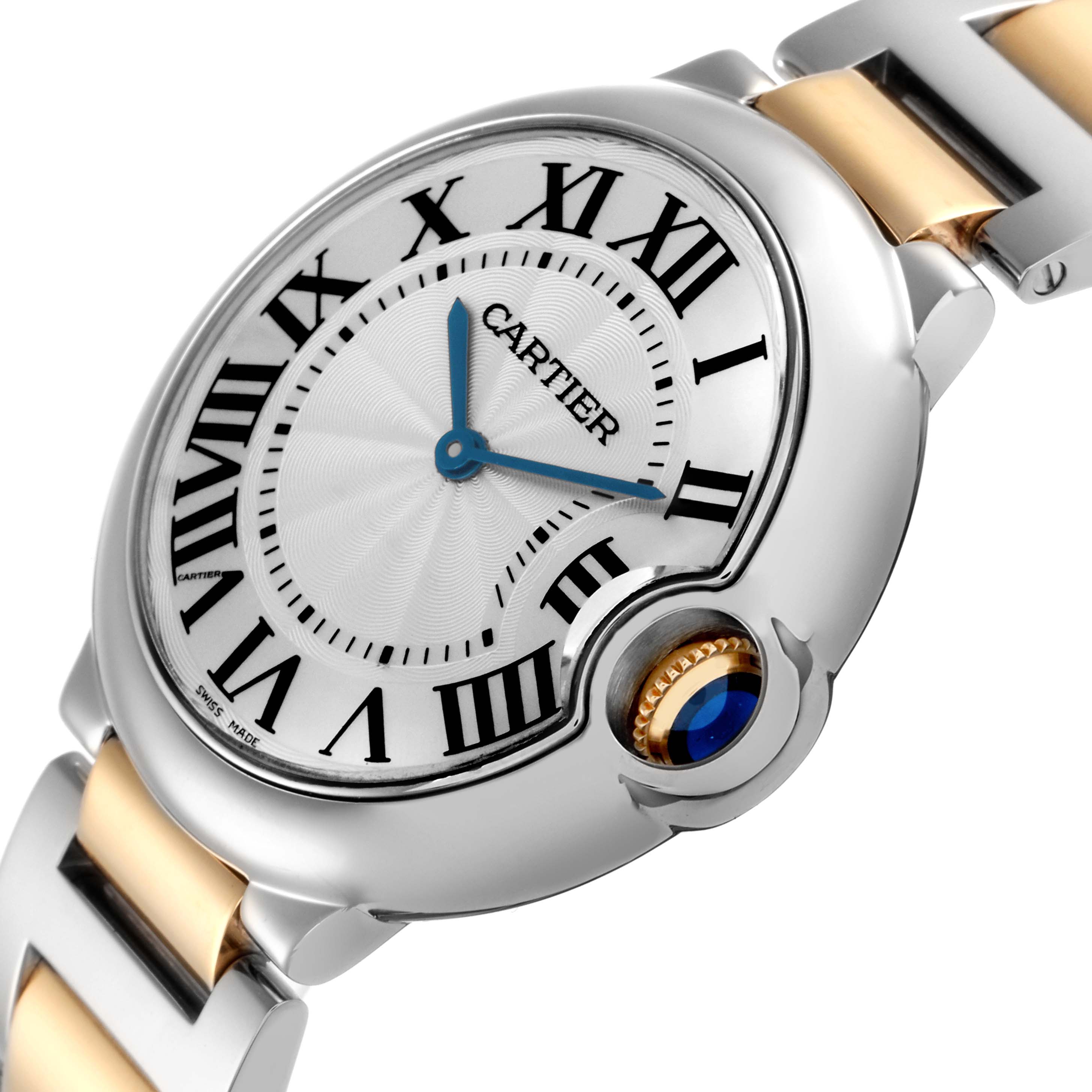 The Cartier Ballon Bleu model W69008Z3 is shown at an angled close-up, highlighting its dial, blue hands, Roman numerals, and signature crown with a blue cabochon.