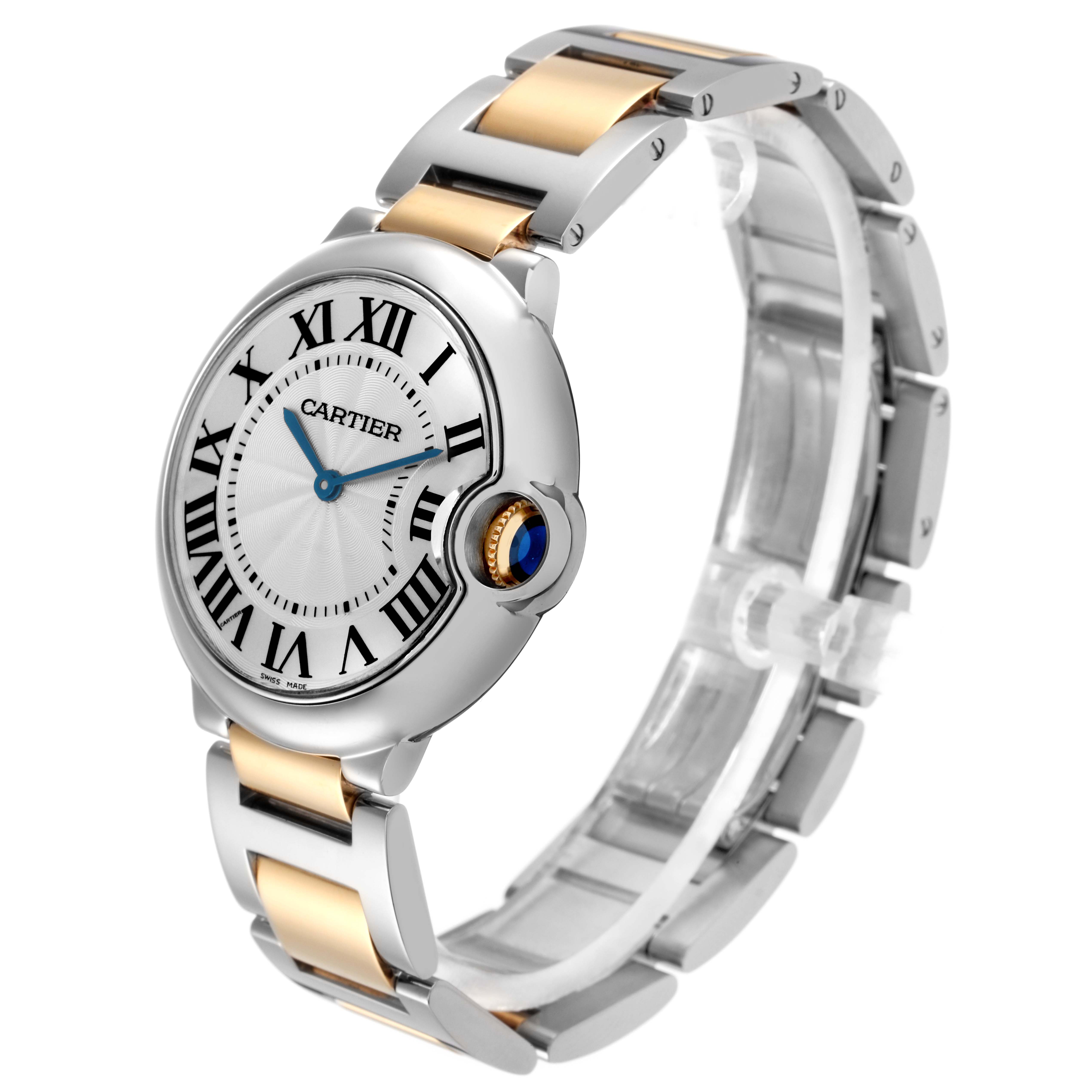 The Cartier Ballon Bleu model W69008Z3 men's watch is shown at an angle displaying the dial, crown, and two-tone bracelet.
