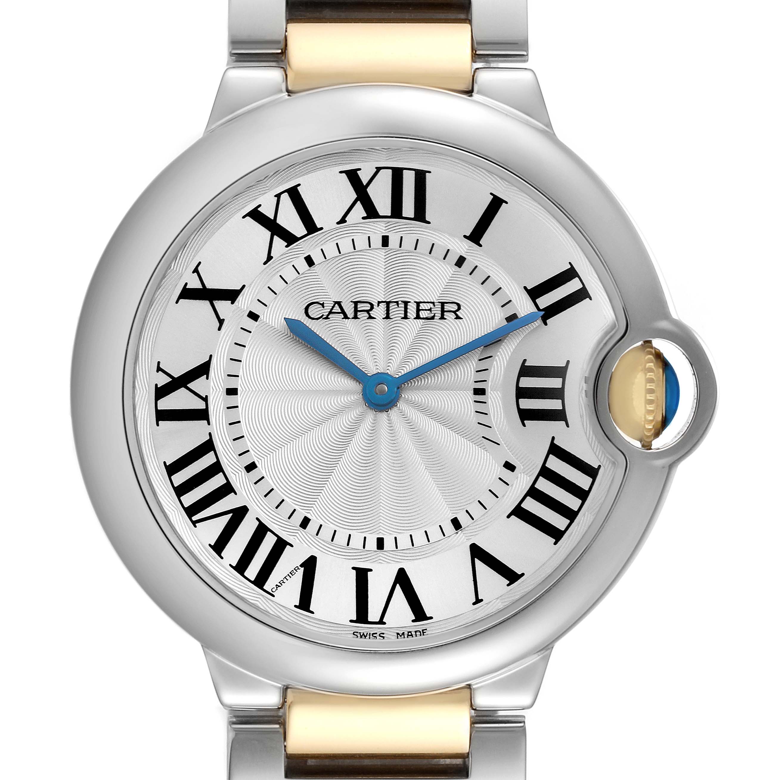 The Cartier Ballon Bleu model W69008Z3 watch is shown from a front view, highlighting its dial with Roman numerals, blue hands, and distinctive crown.