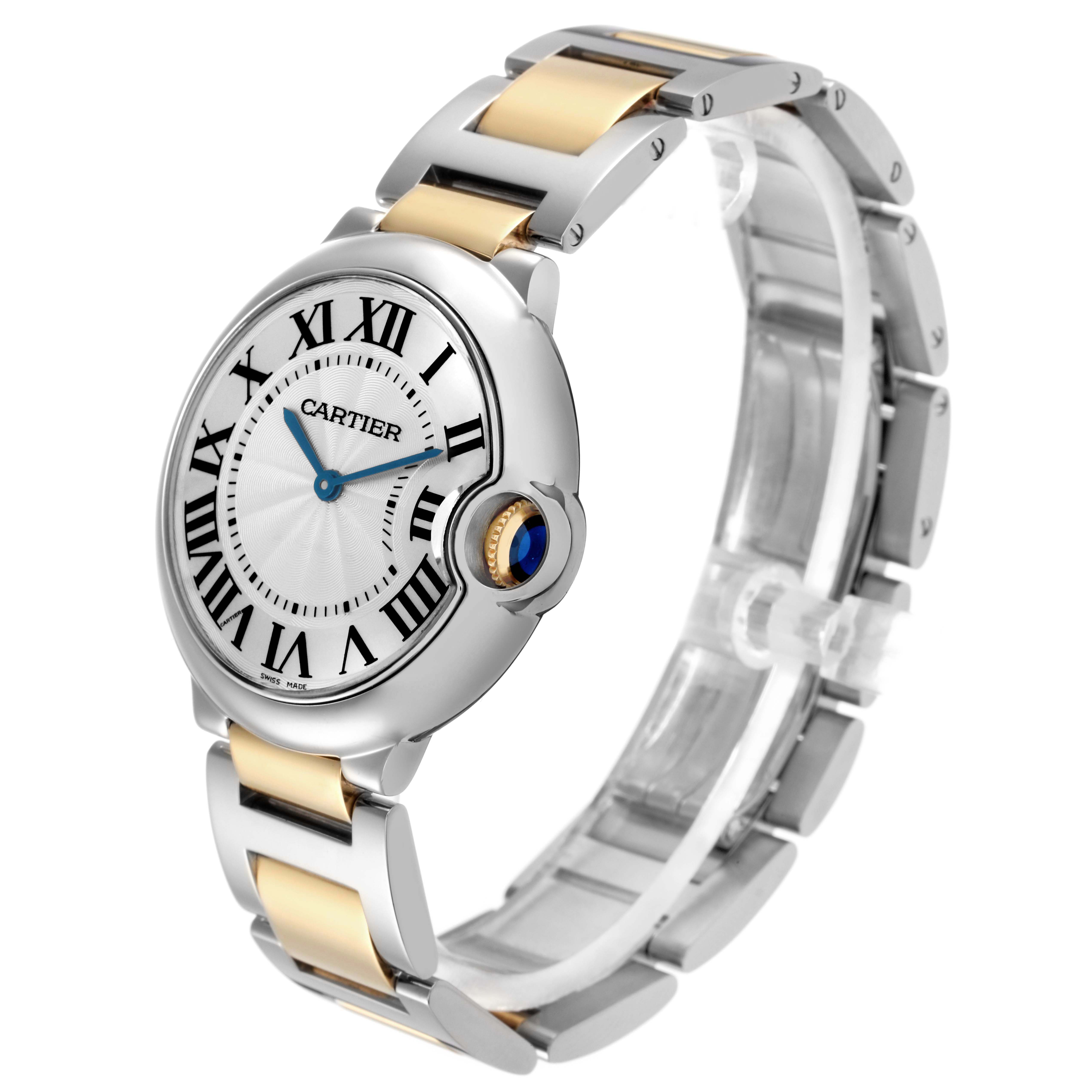 The Cartier Ballon Bleu W69008Z3 Men's Steel and Gold (two tone) Silver Dial watch is shown at a slight angle, highlighting the dial, crown, and two-tone bracelet.