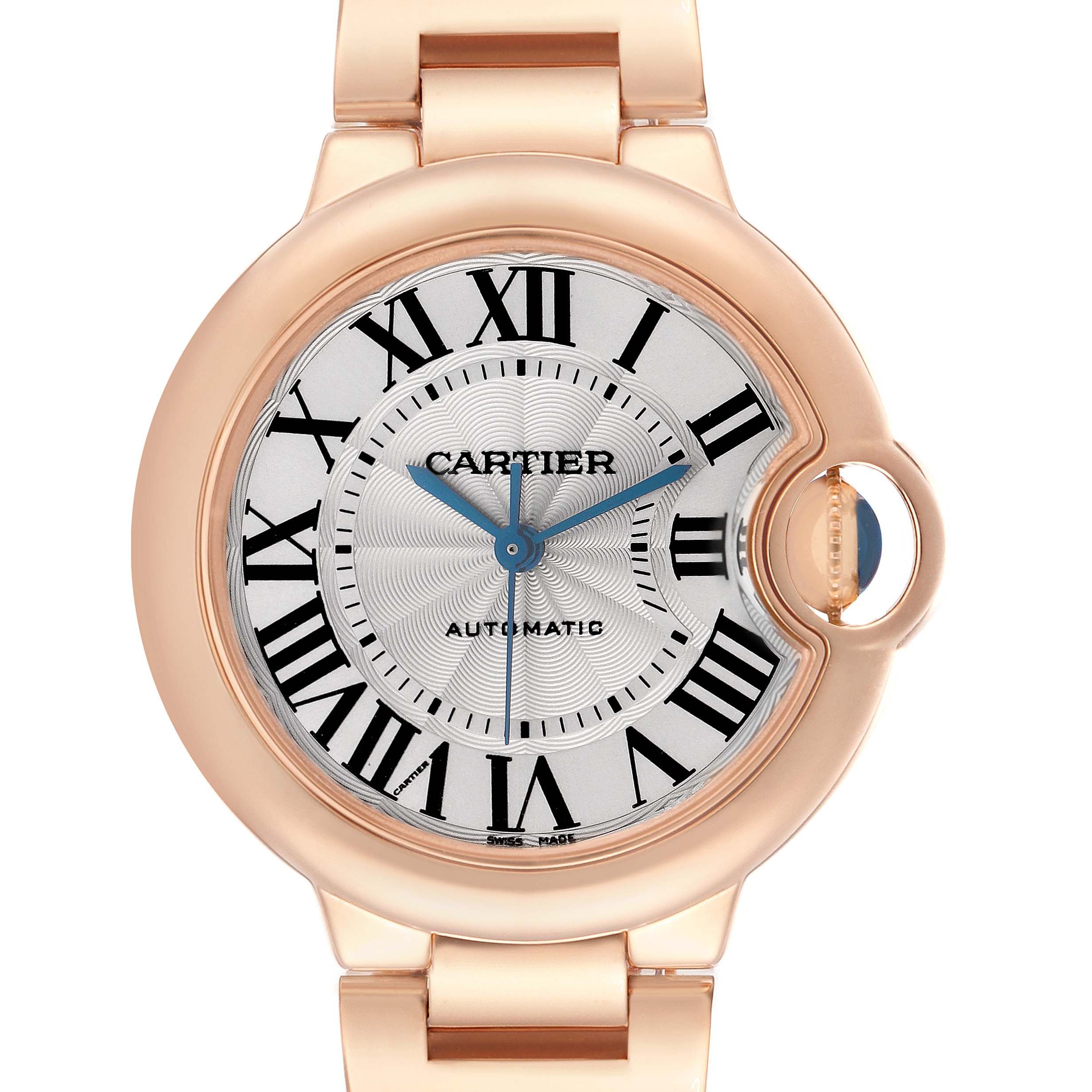 The Cartier Ballon Bleu model W6920096 watch is shown from a front angle, highlighting its round case, Roman numeral dial, and distinctive crown guard.