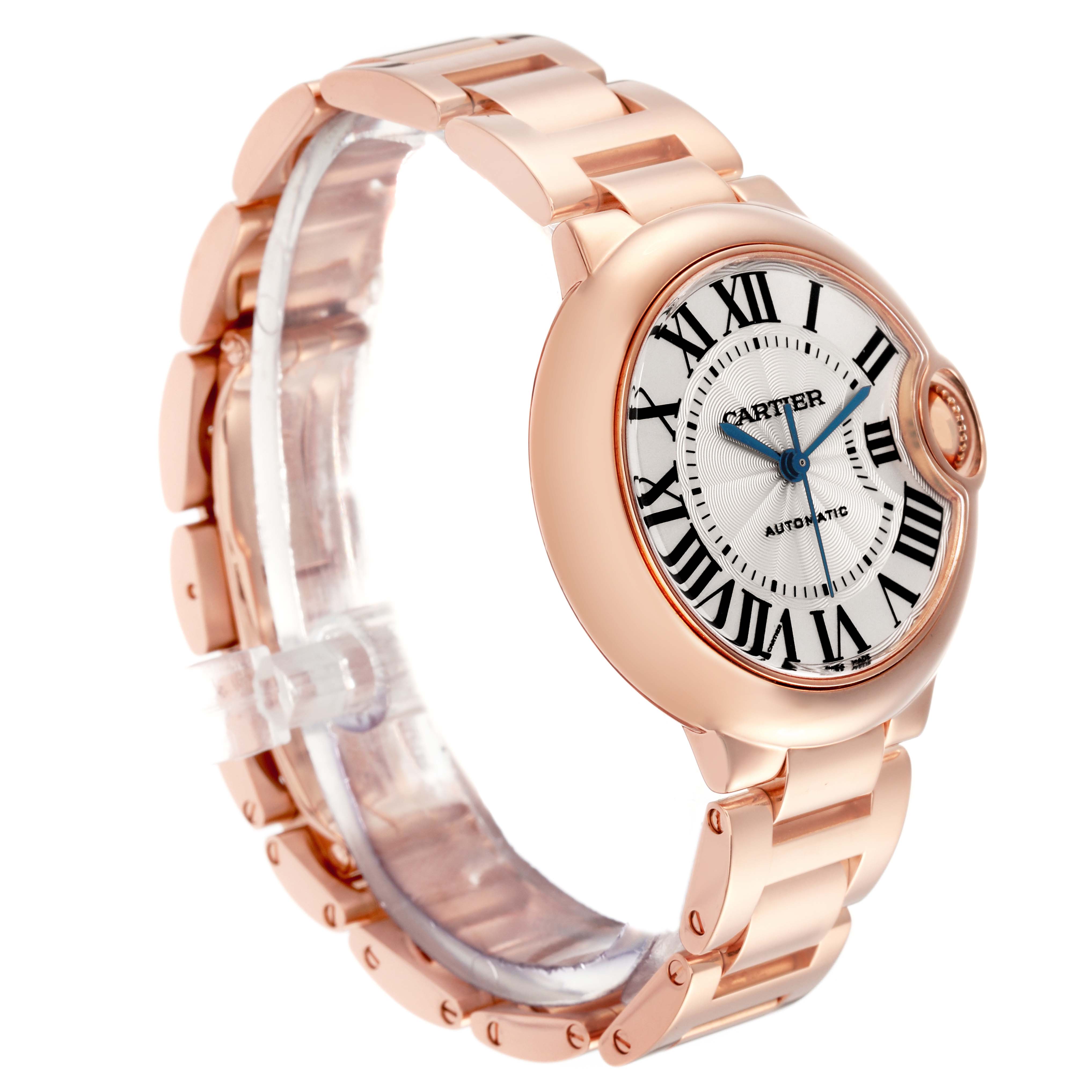 The Cartier Ballon Bleu W6920096 men
s watch is shown at a three-quarter angle, highlighting its rose gold case, bracelet, and Roman numeral dial.