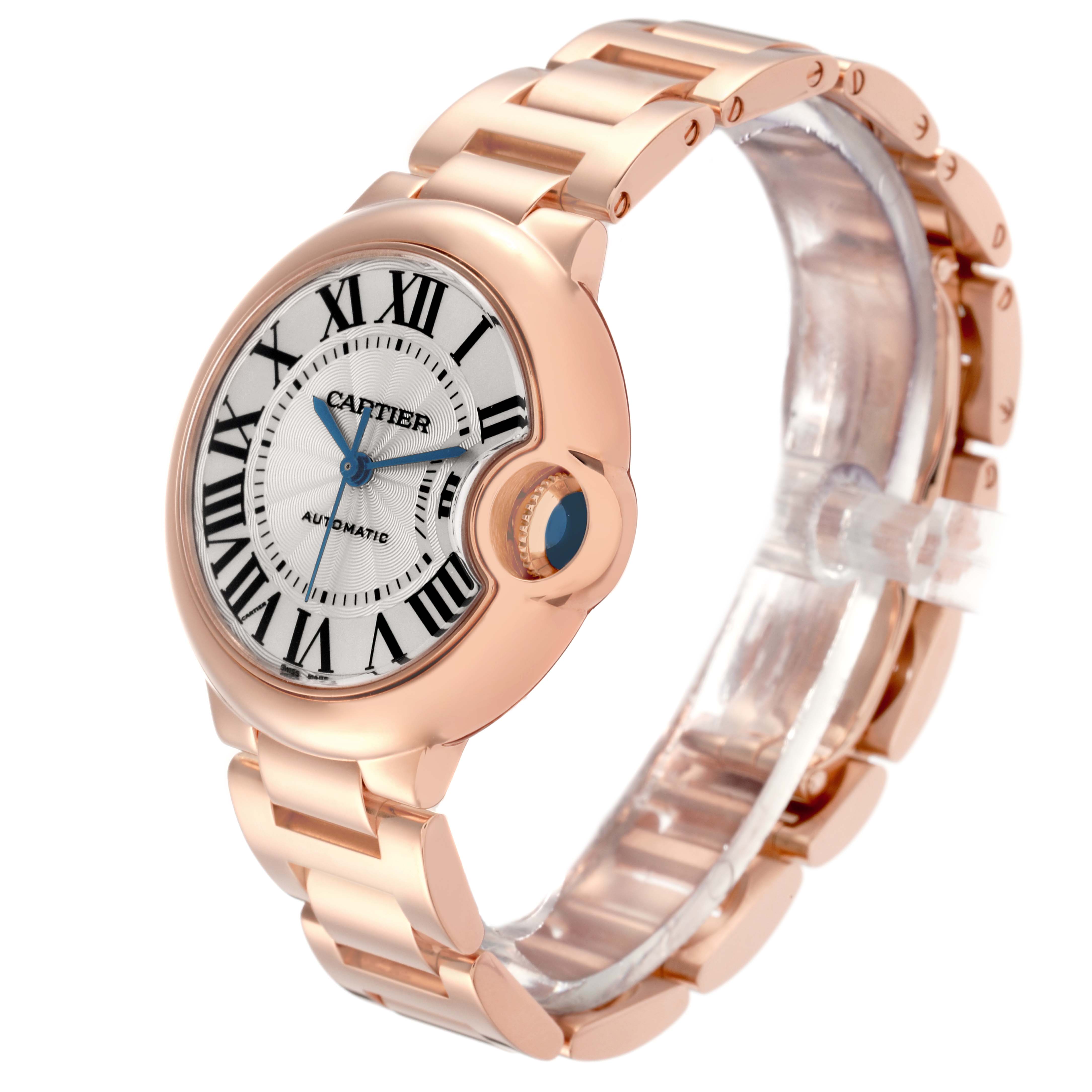 The Cartier Ballon Bleu W6920096 men
s watch is shown at an angled view, highlighting the watch face, Roman numerals, and bracelet.