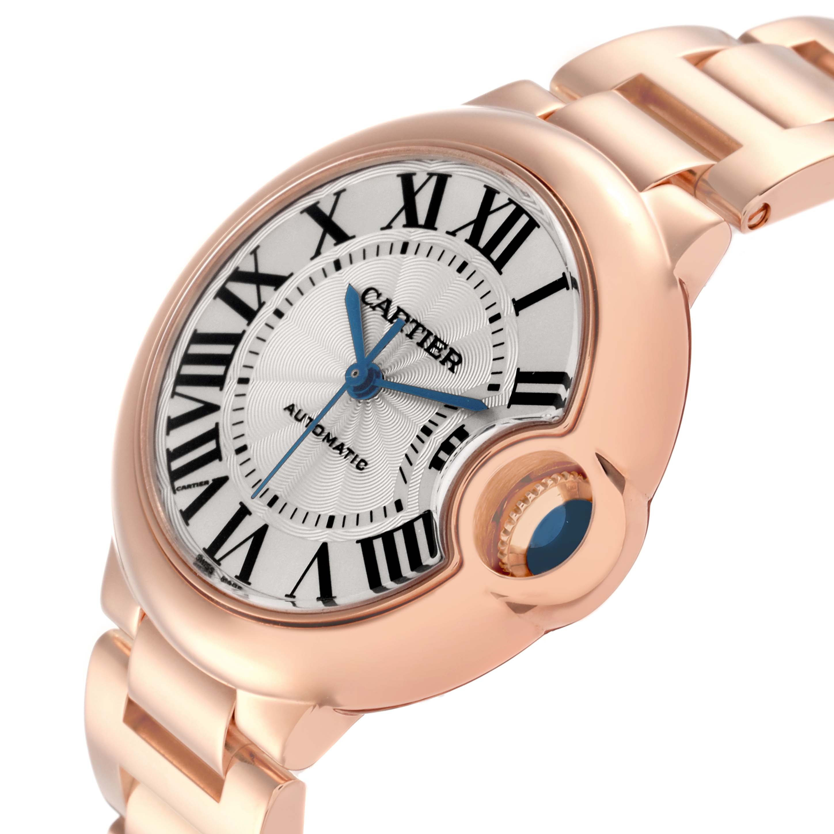 The Cartier Ballon Bleu watch, model W6920096, is shown at an oblique angle highlighting its rose gold case, roman numeral dial, and distinctive crown.
