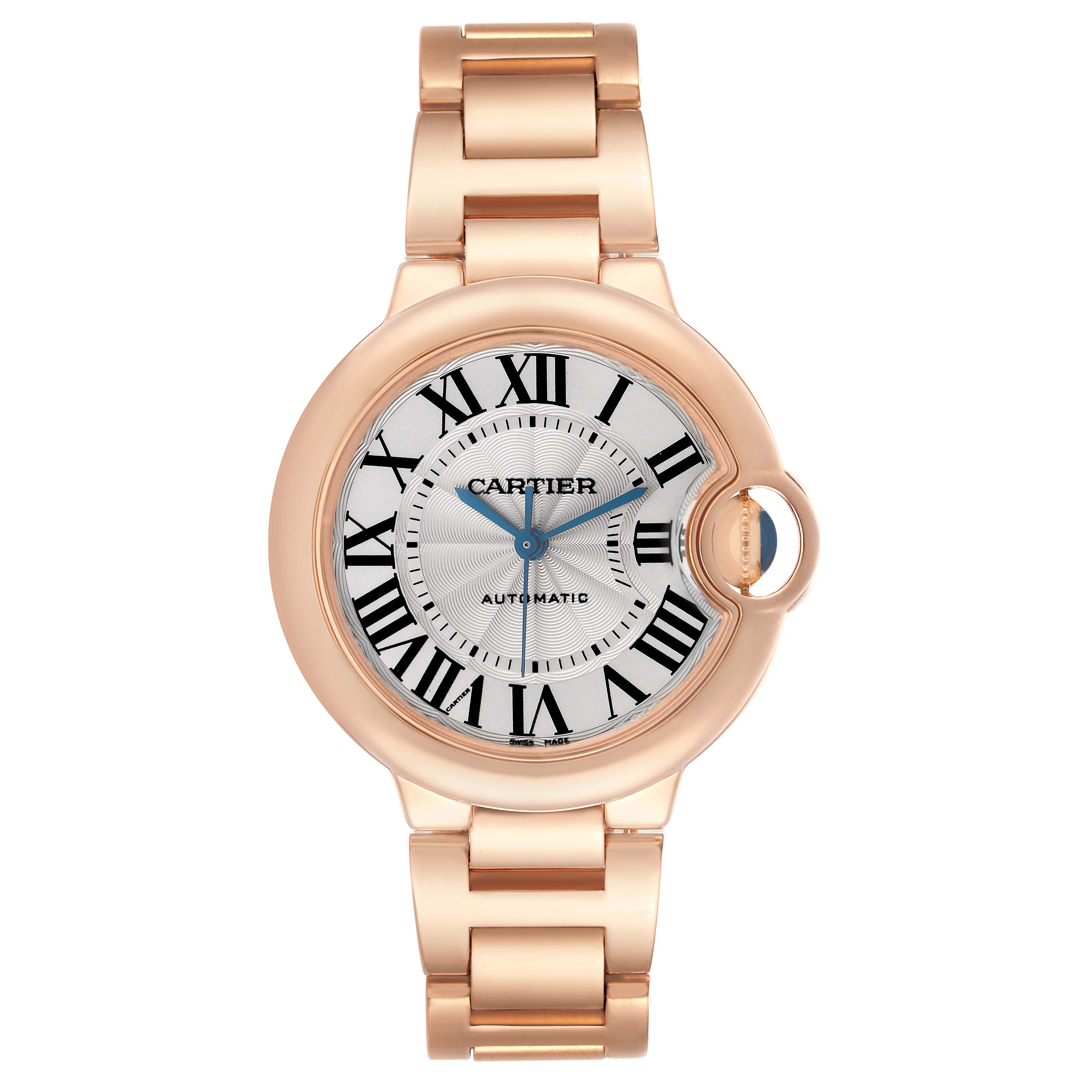 The Cartier Ballon Bleu men
s watch, model W6920096, is shown from a top-down angle, highlighting the round case, Roman numerals, and bracelet.