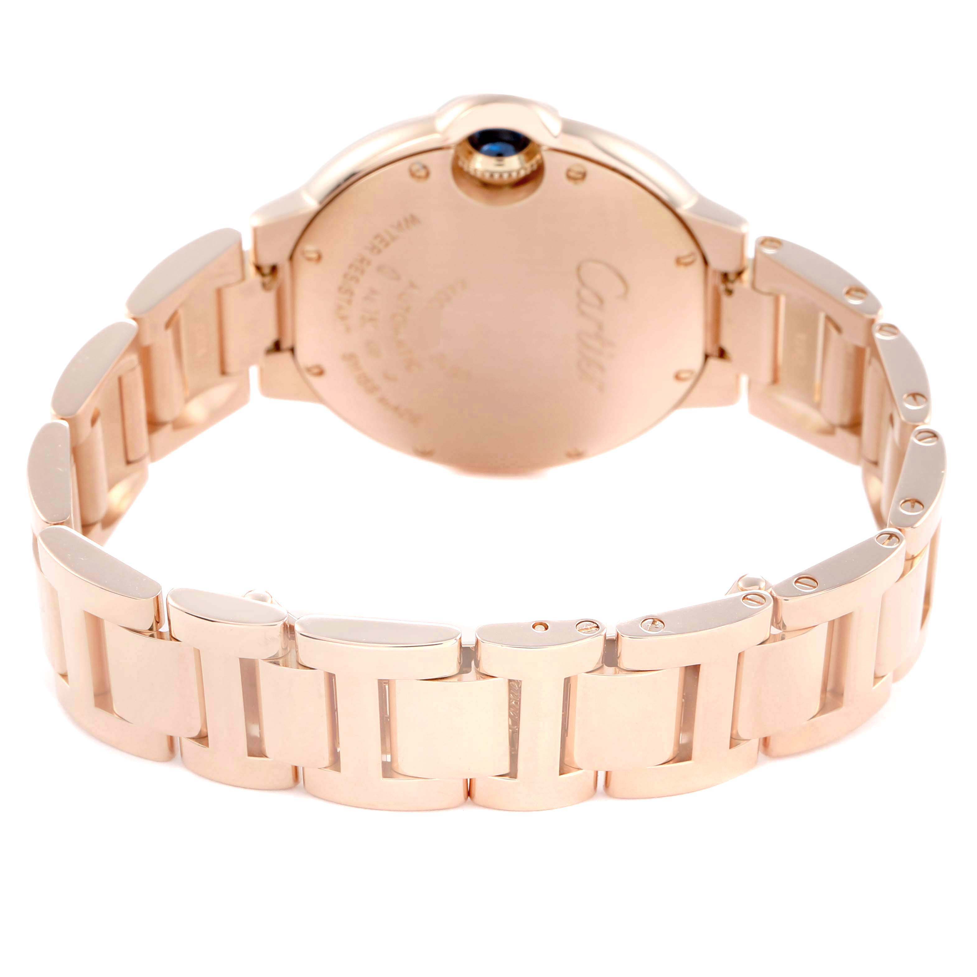 The image shows the back case and bracelet of a Cartier Ballon Bleu men
s watch, model number W6920096, with a focus on the clasp and links.