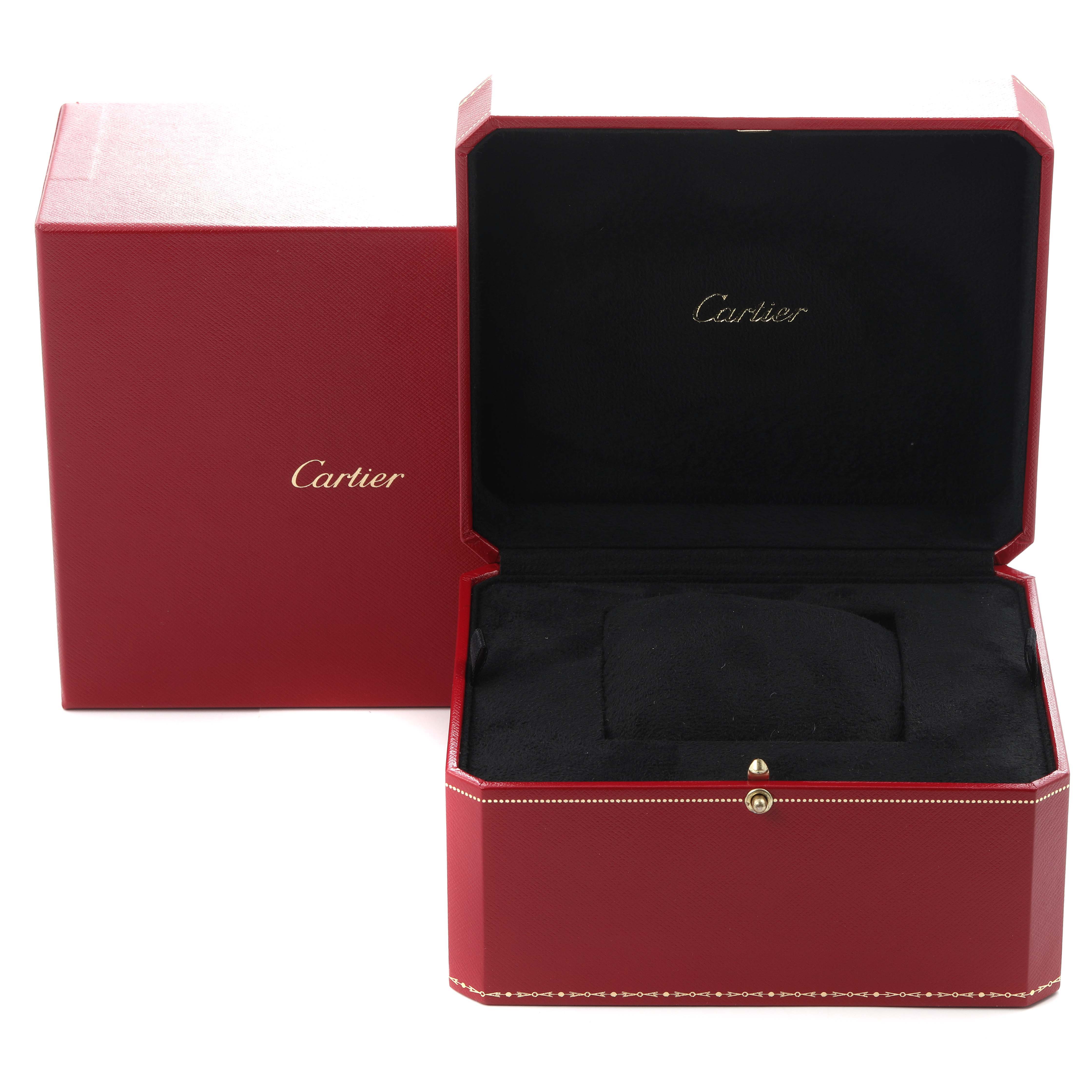 The image shows a Cartier Ballon Bleu W6920096 watch box and packaging with a red outer box and an open black interior inside the main box.
