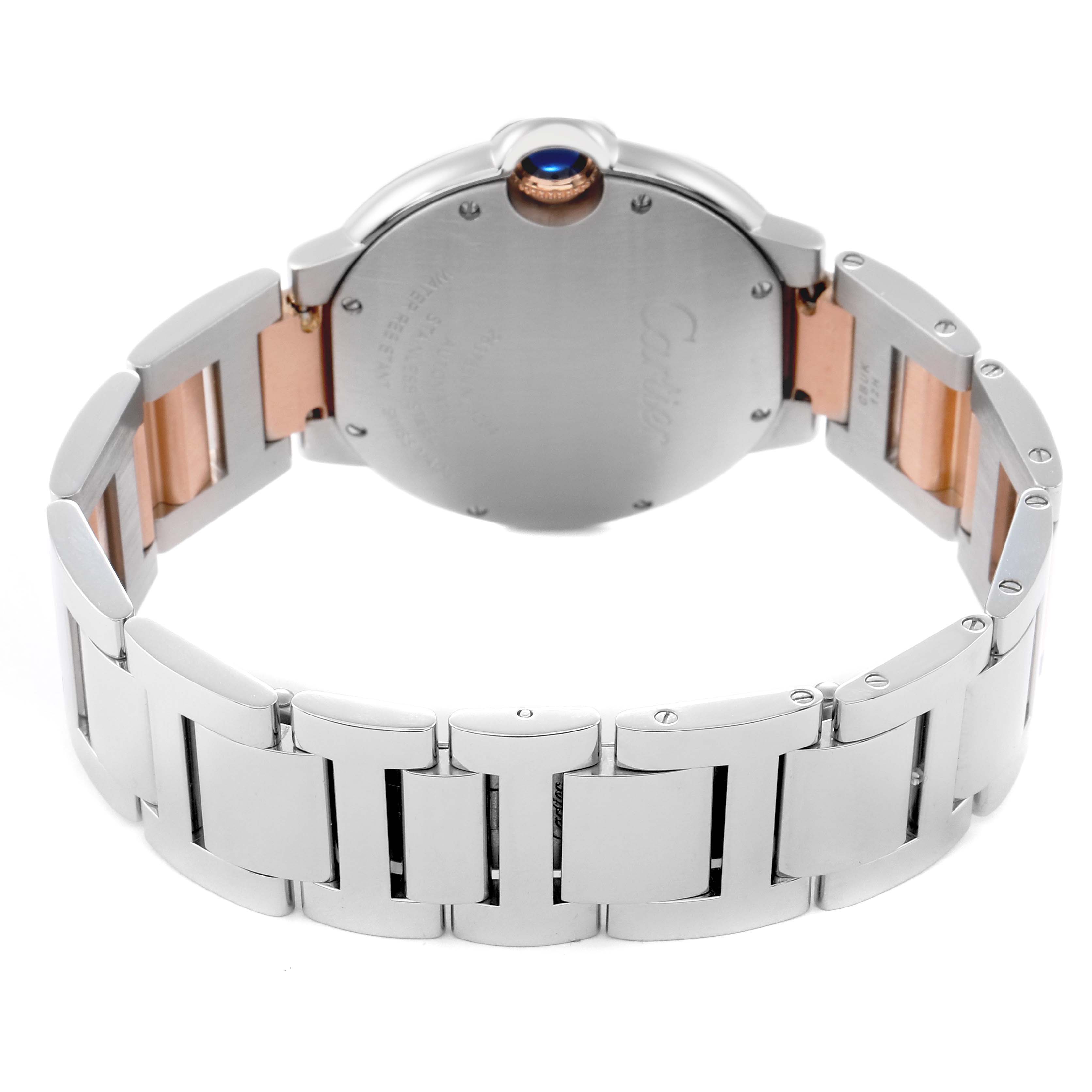 The image shows the back of the Cartier Ballon Bleu model W6920033 men's watch, displaying the case back and part of the bracelet.