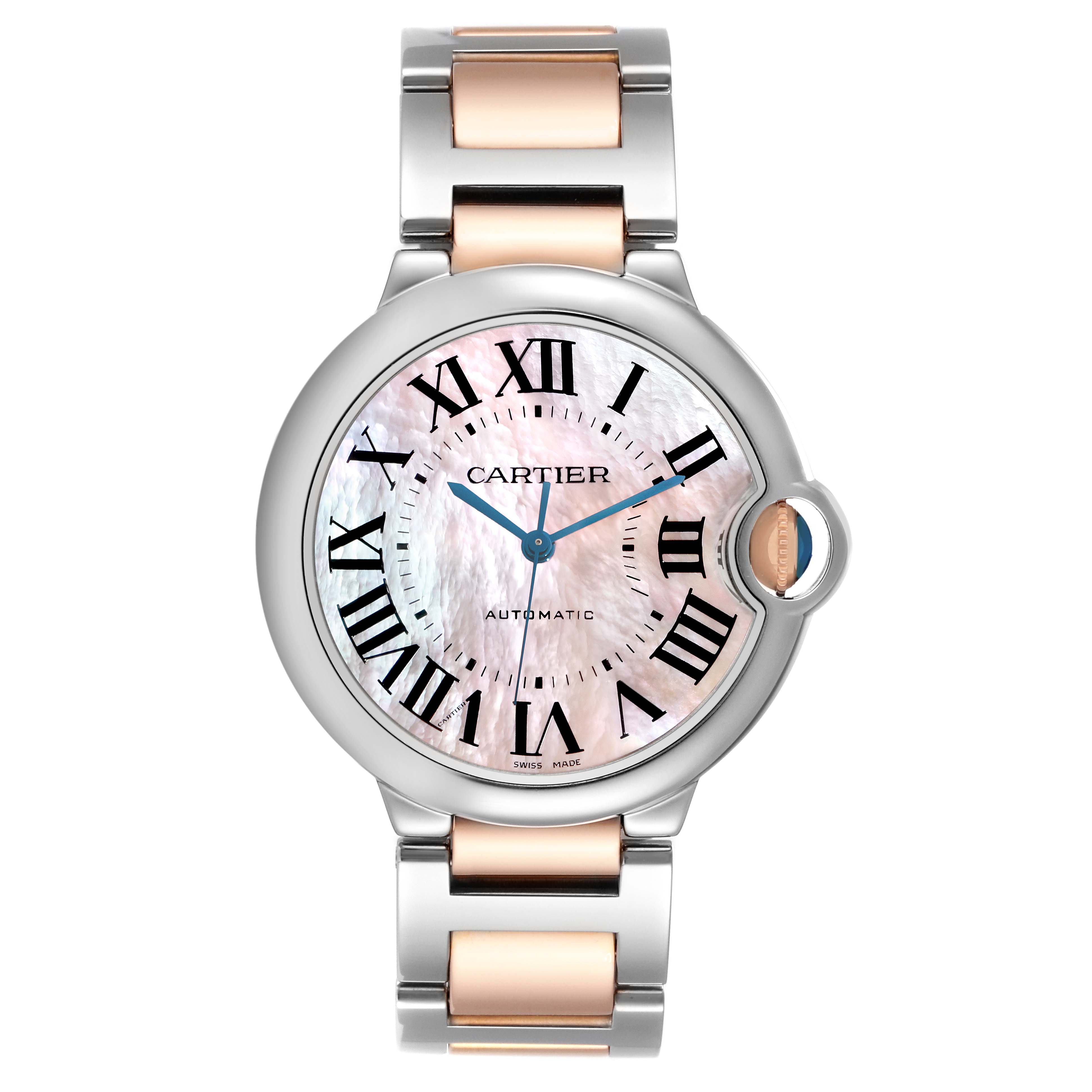 The Cartier Ballon Bleu model W6920033 men's watch is shown from the front, highlighting its dial, hands, Roman numerals, and bracelet design.