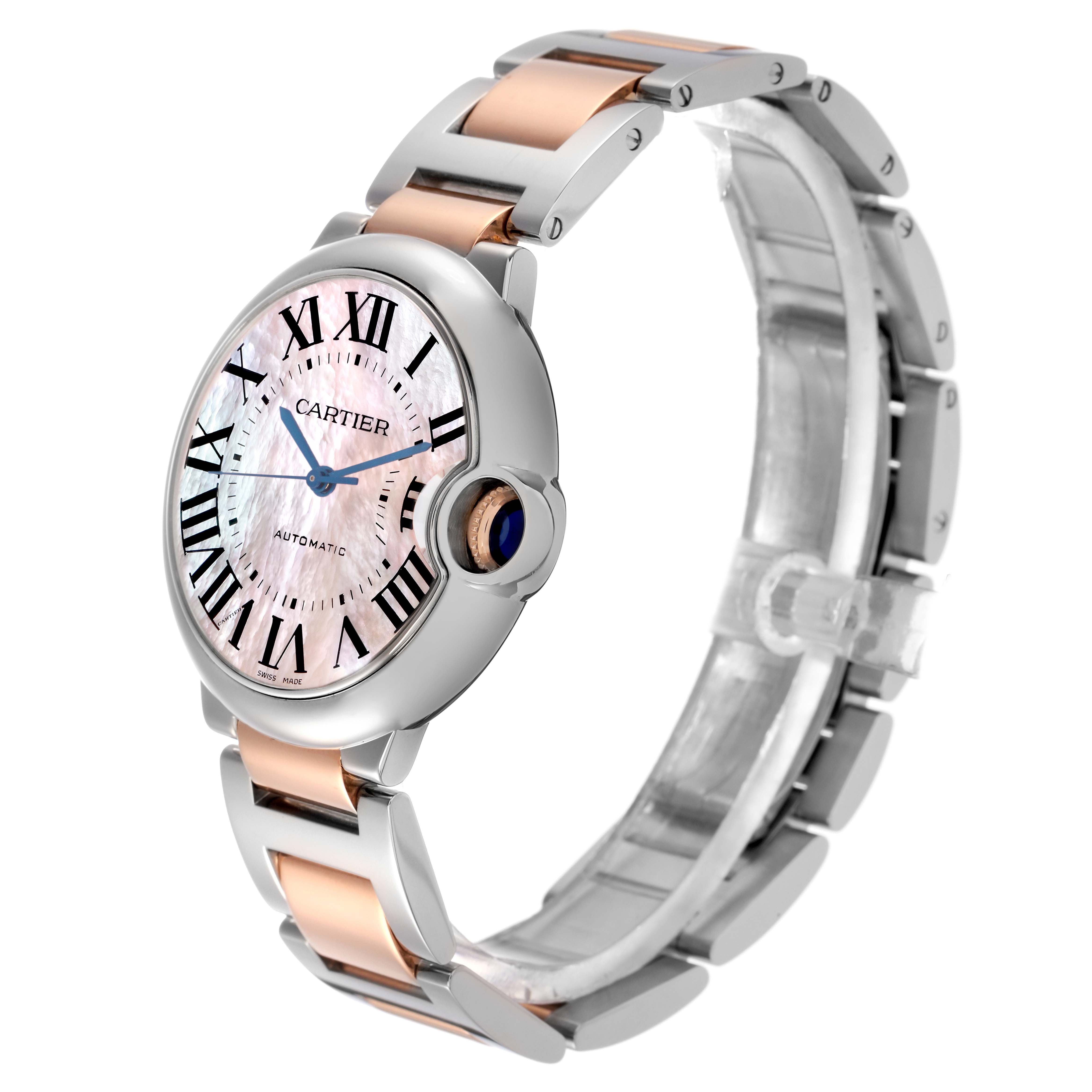 The Cartier Ballon Bleu model W6920033 men's watch is shown at an angle highlighting the face, crown, and two-tone bracelet.