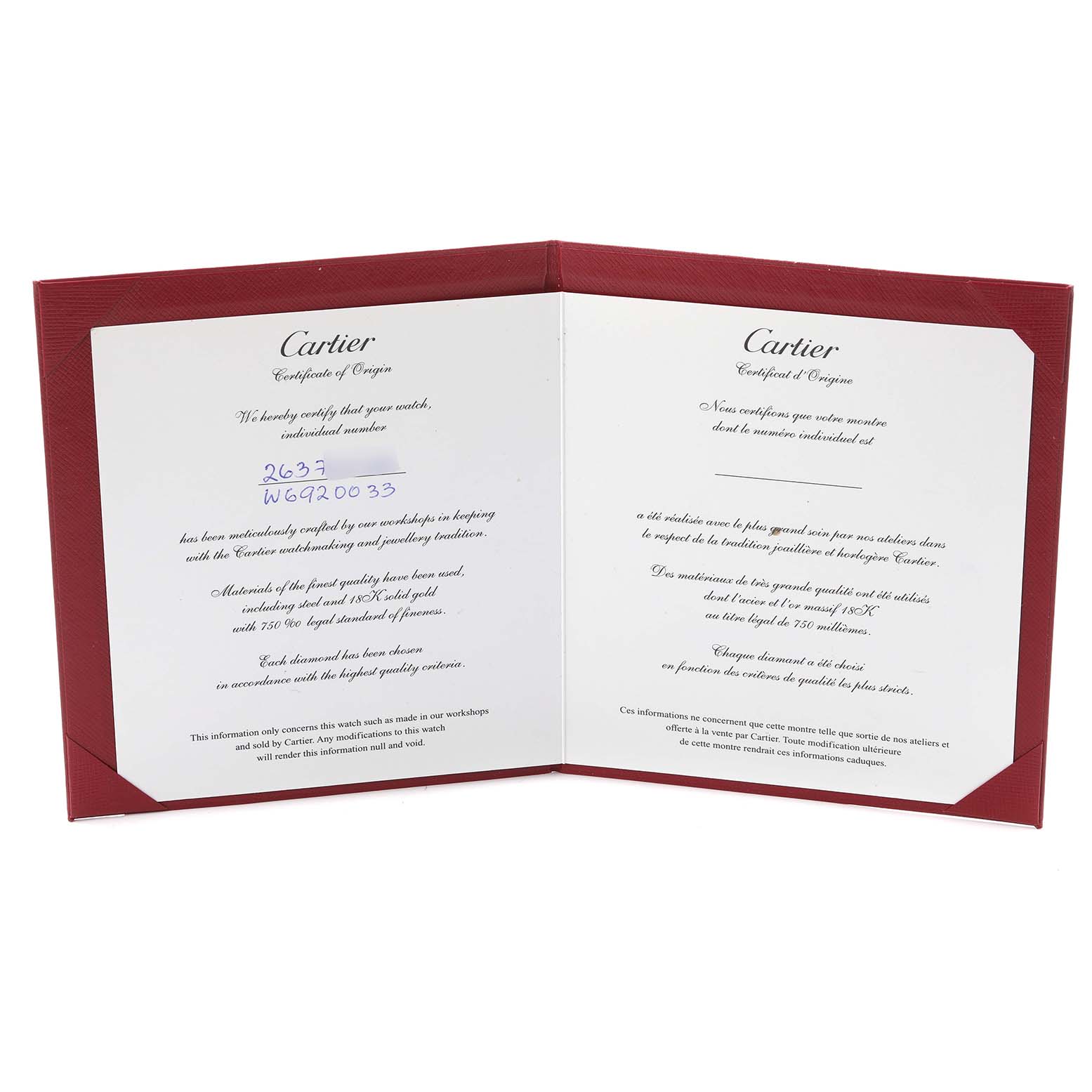 The image shows a Certificate of Origin for the Cartier Ballon Bleu model W6920033 men's watch, displayed open with text in English and French.