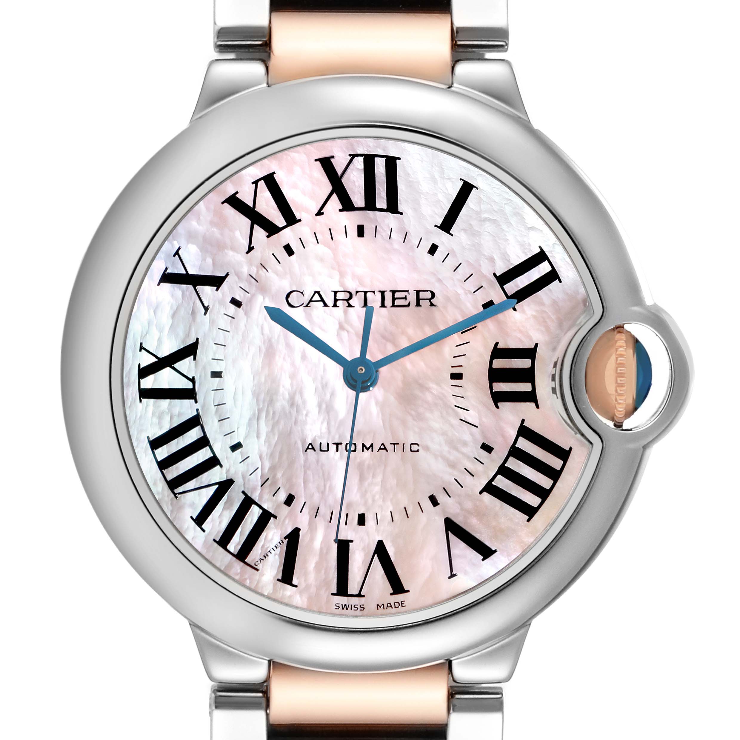 The image shows a frontal view of the Cartier Ballon Bleu model W6920033 men's watch, highlighting its dial, Roman numerals, and distinctive crown.
