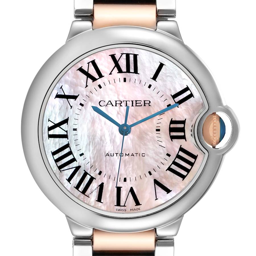 The image shows a frontal view of the Cartier Ballon Bleu model W6920033 men's watch, highlighting its dial, Roman numerals, and distinctive crown.