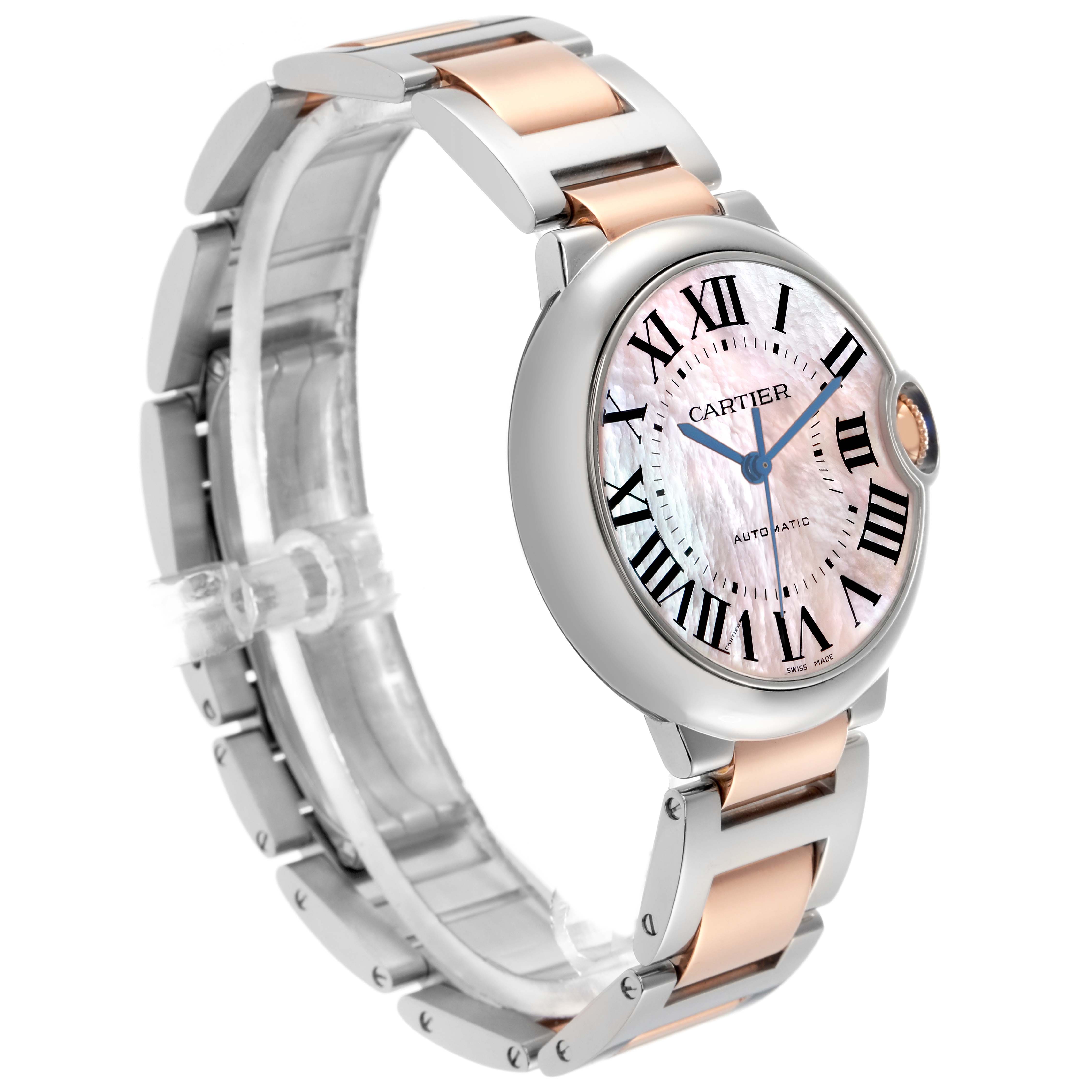 The Cartier Ballon Bleu W6920033 men's watch is shown from a three-quarter angle, highlighting the face, case, and two-tone metal bracelet.