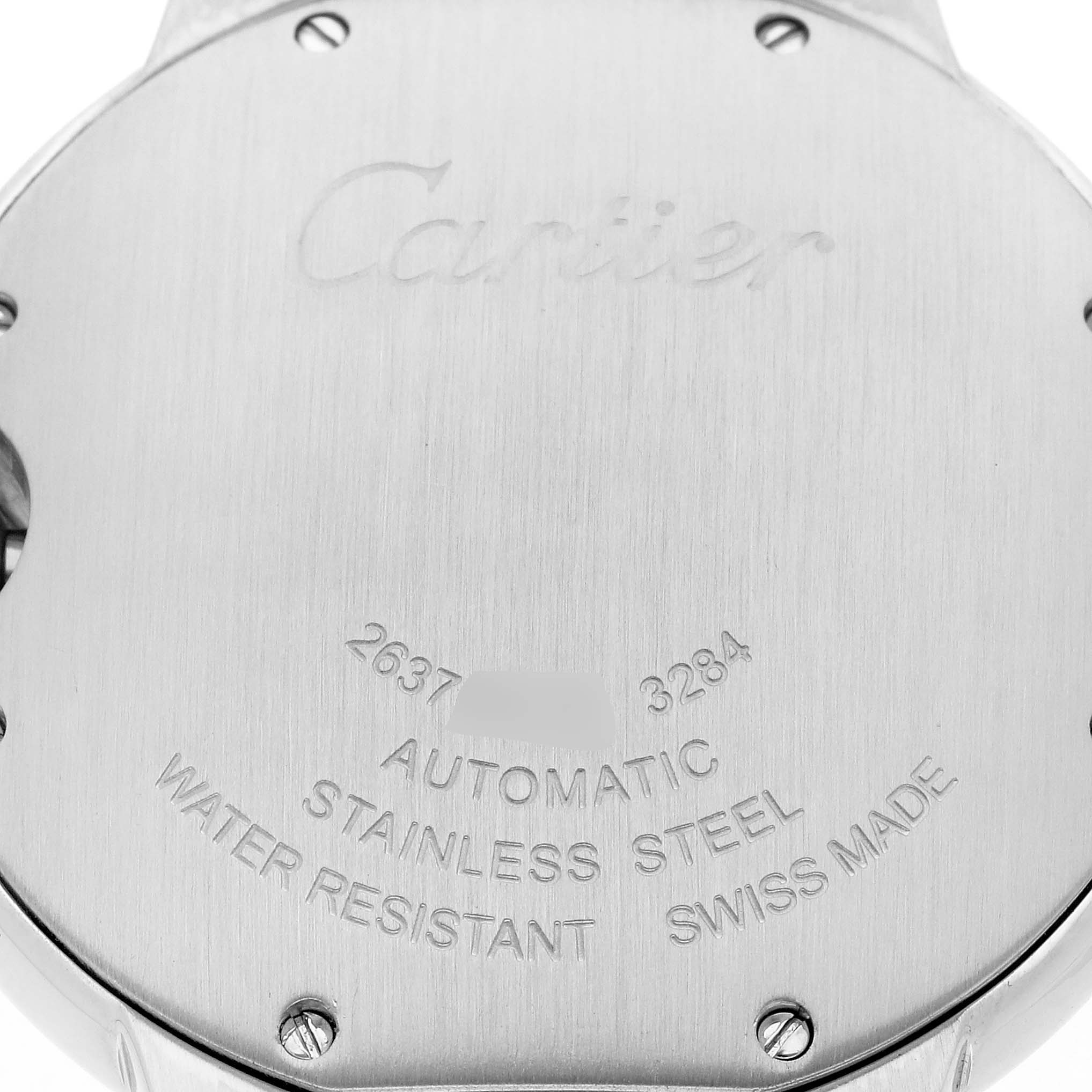 The image shows the back case of the Cartier Ballon Bleu Men's watch, model number W6920033, with engravings indicating it is automatic, stainless steel, and Swiss made.