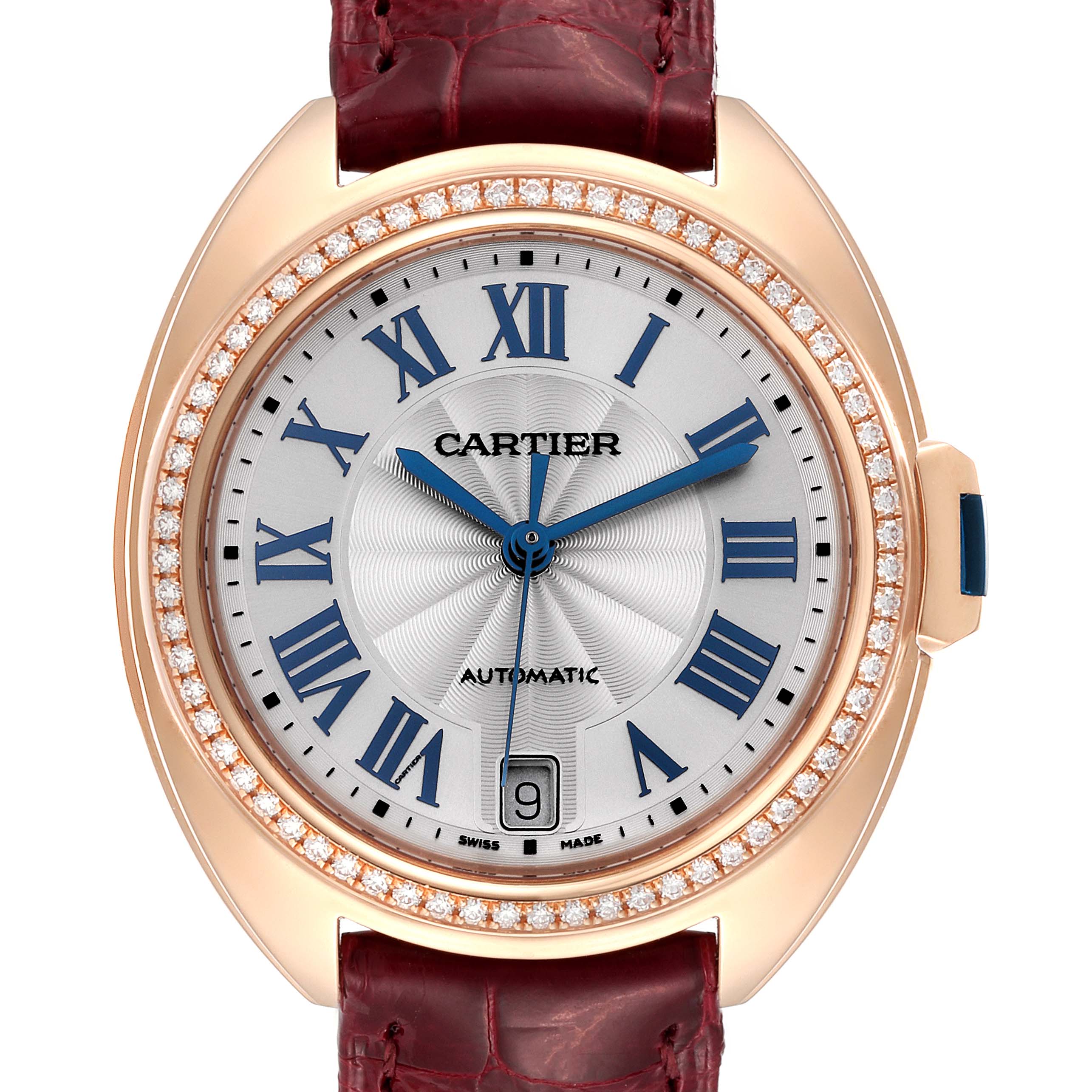 The image shows the face, bezel, and strap of the Cartier Clé model watch from a front angle.