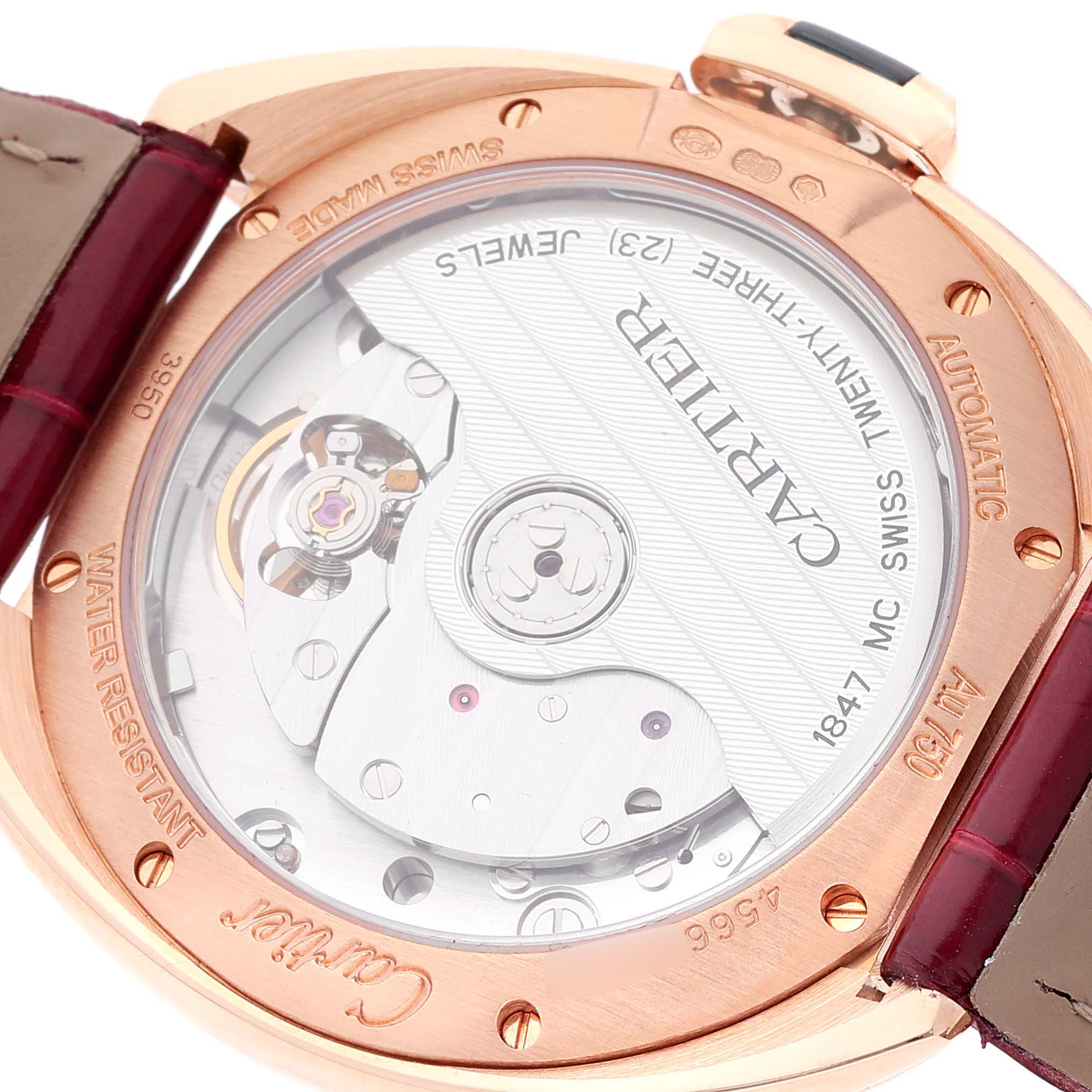 The image shows the back view of the Cartier Cle WJCL0013 Women's Rose Gold Blue Dial WJCL0013 Women's Rose Gold Blue Dial model watch, highlighting the automatic movement and internal mechanisms.