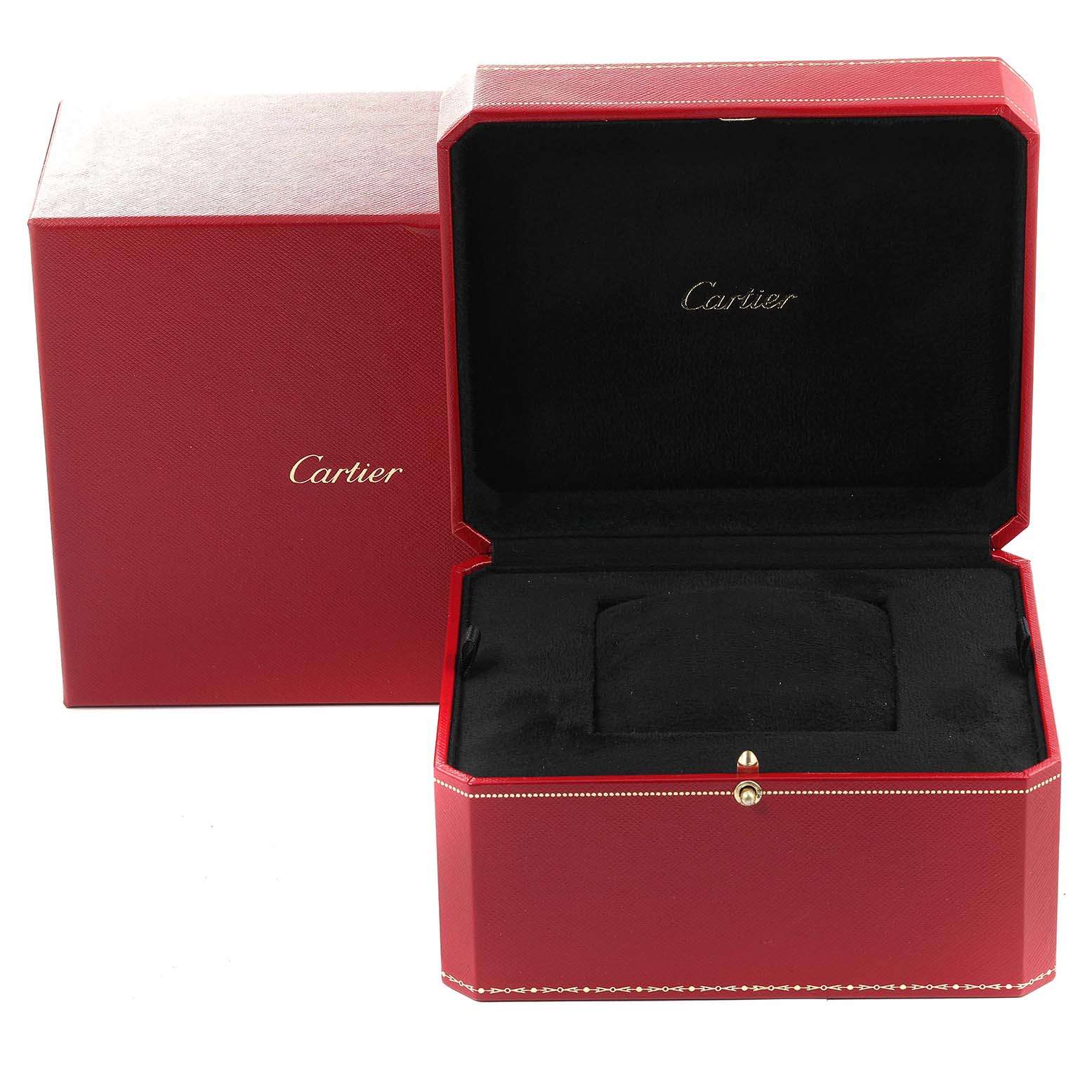 The image shows a Cartier Cle WJCL0013 Women's Rose Gold Blue Dial WJCL0013 Women's Rose Gold Blue Dial watch box and outer packaging, both in red with the Cartier logo.