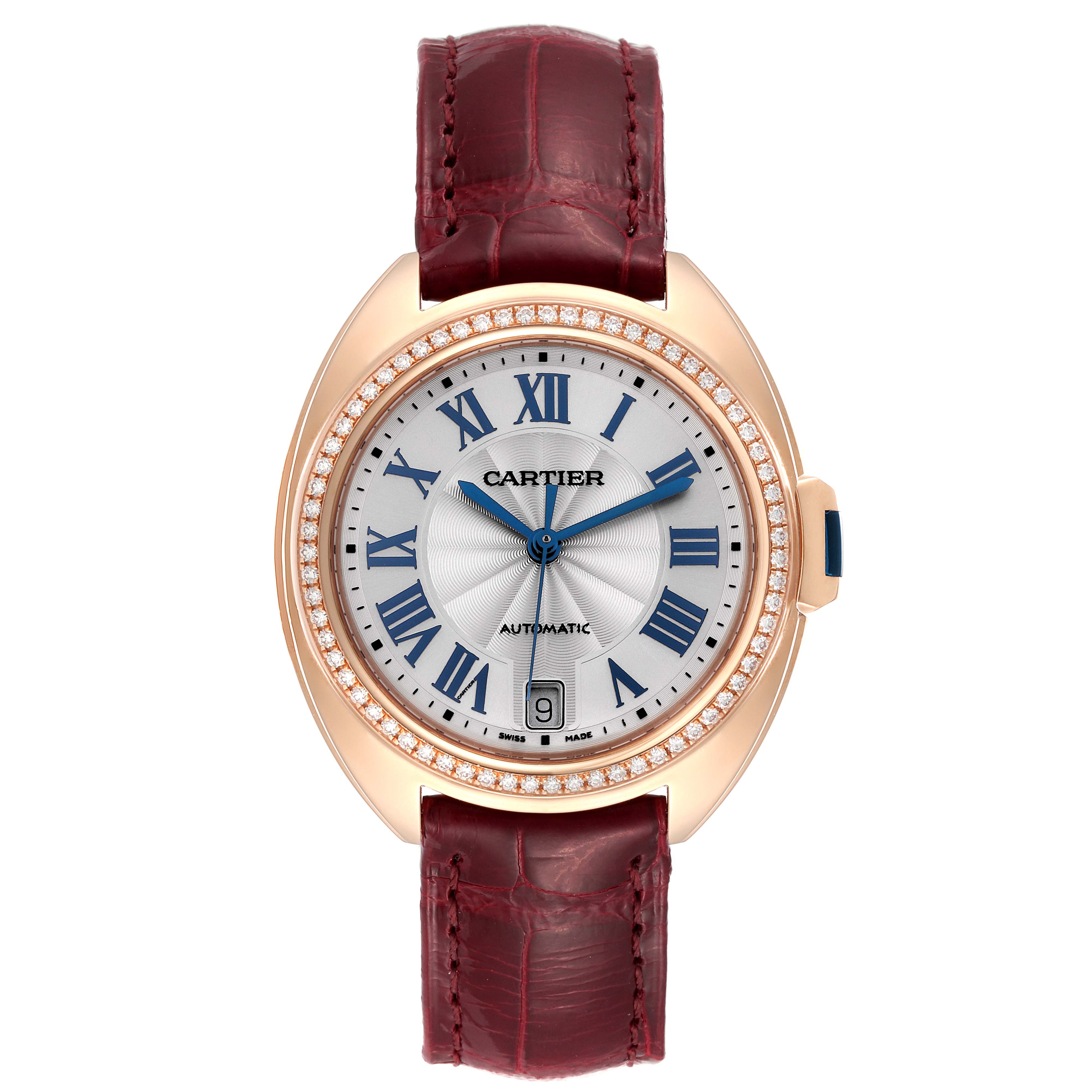 The image shows a front view of the Cartier Cle WJCL0013 Women's Rose Gold Blue Dial WJCL0013 Women's Rose Gold Blue Dial model watch, displaying the face, bezel, and strap.