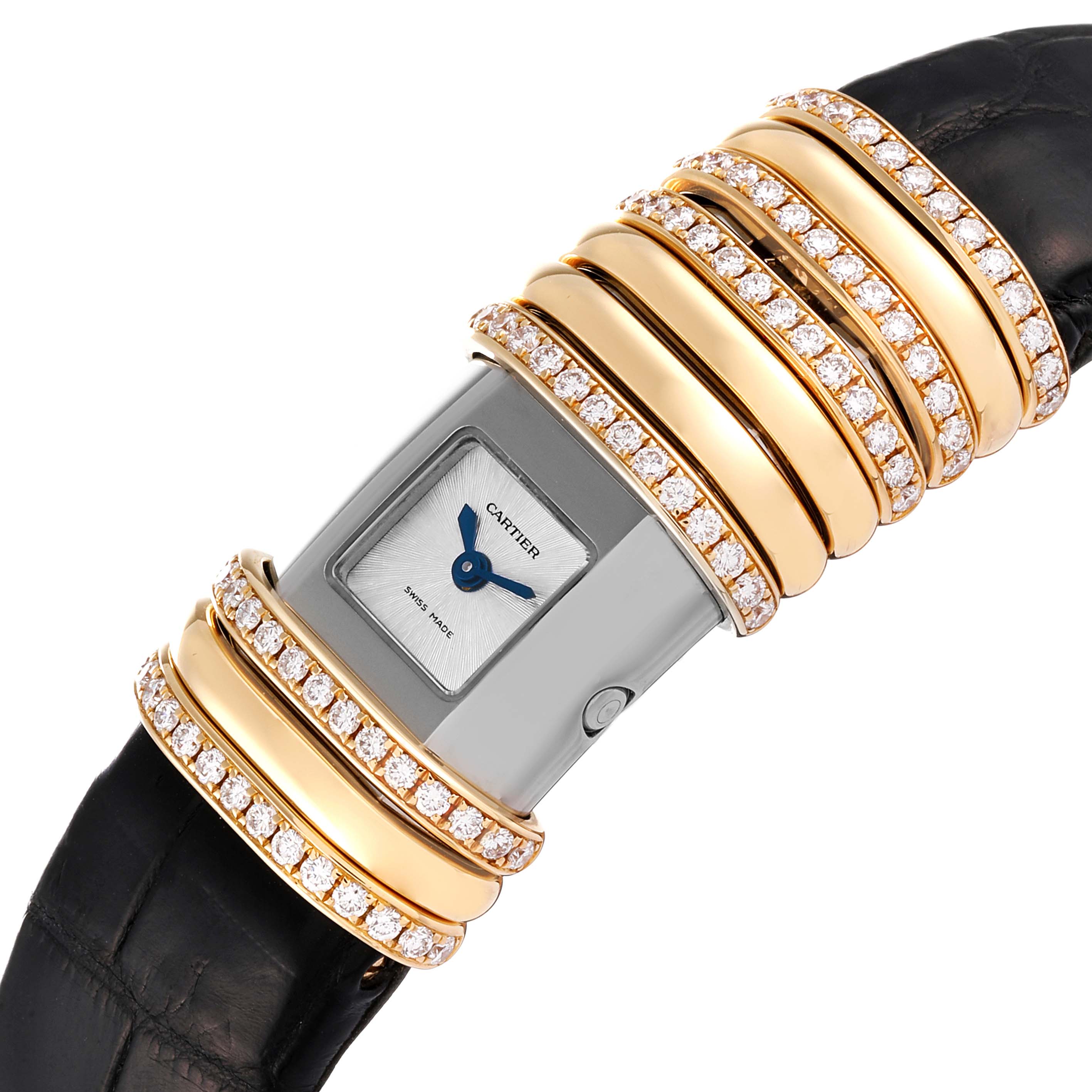 The image displays a Declaration model by Cartier at a tilted angle, showcasing its diamond-studded bezel and black leather strap.
