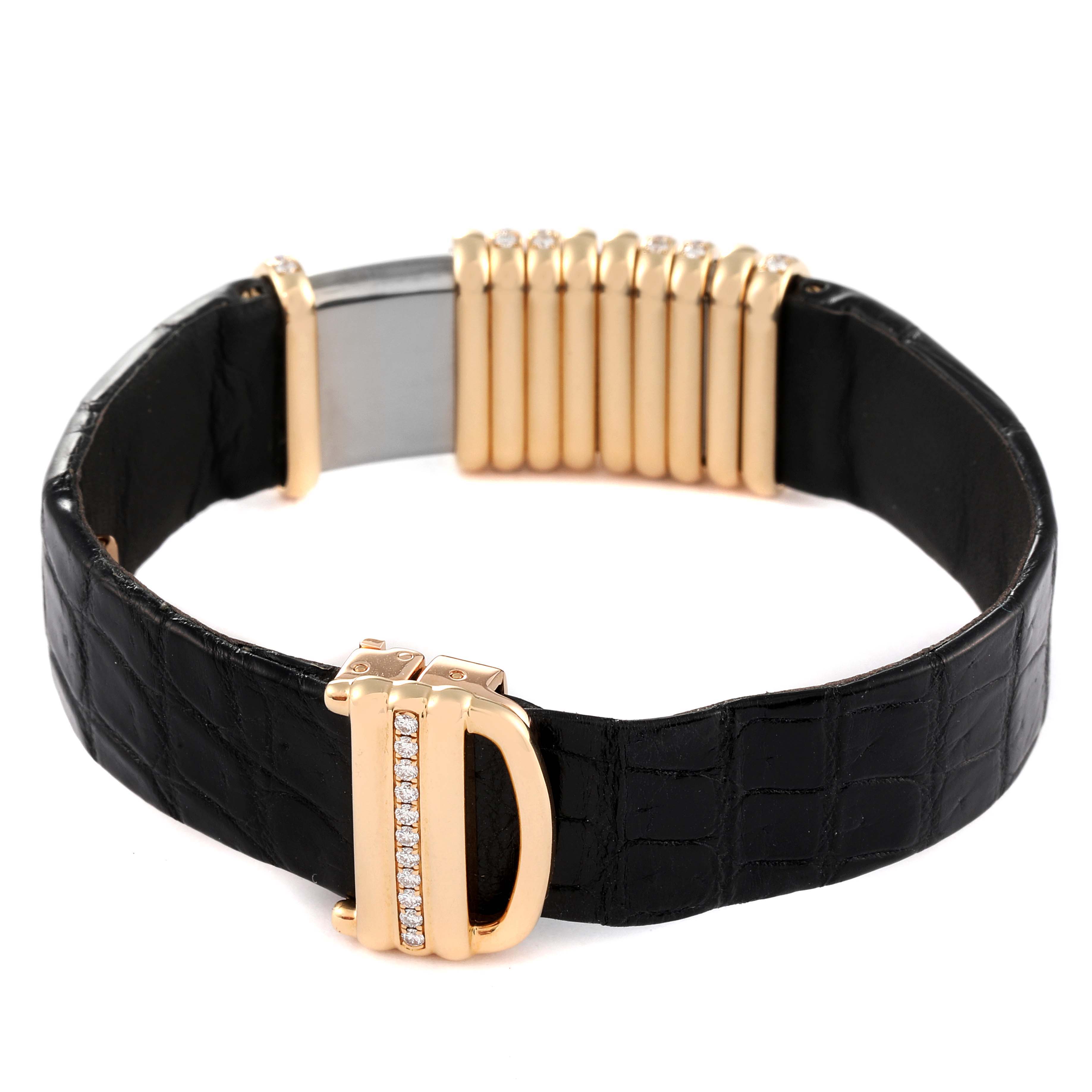 The image shows a close-up of the black leather strap with a gold and diamond clasp of the Cartier Declaration WT000150 Women's Steel and Gold (two tone) Silver Dial WT000150 Women's Steel and Gold (two tone) Silver Dial model watch.