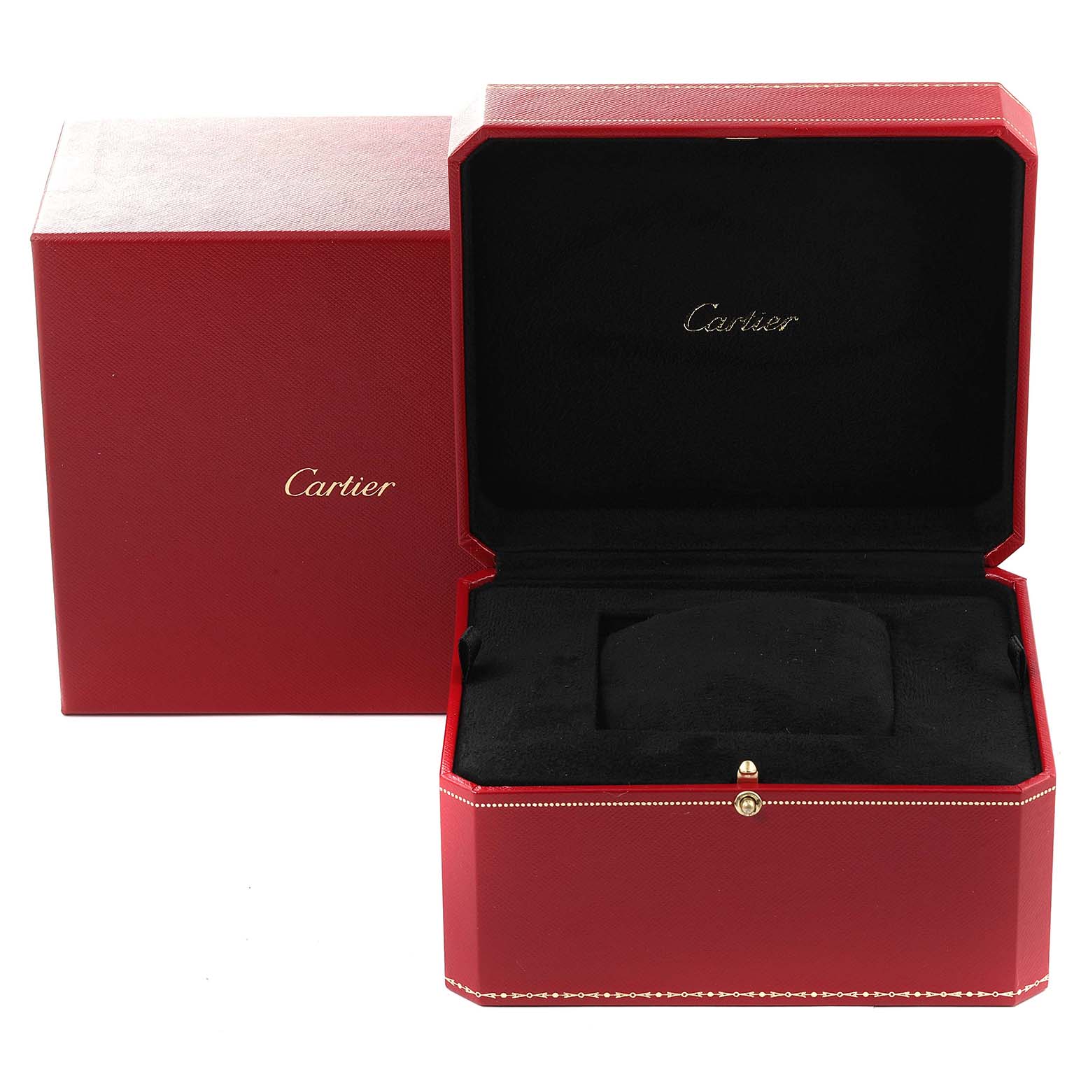 This image shows an open luxury red Cartier watch box for the Declaration model, displaying its interior cushioning.