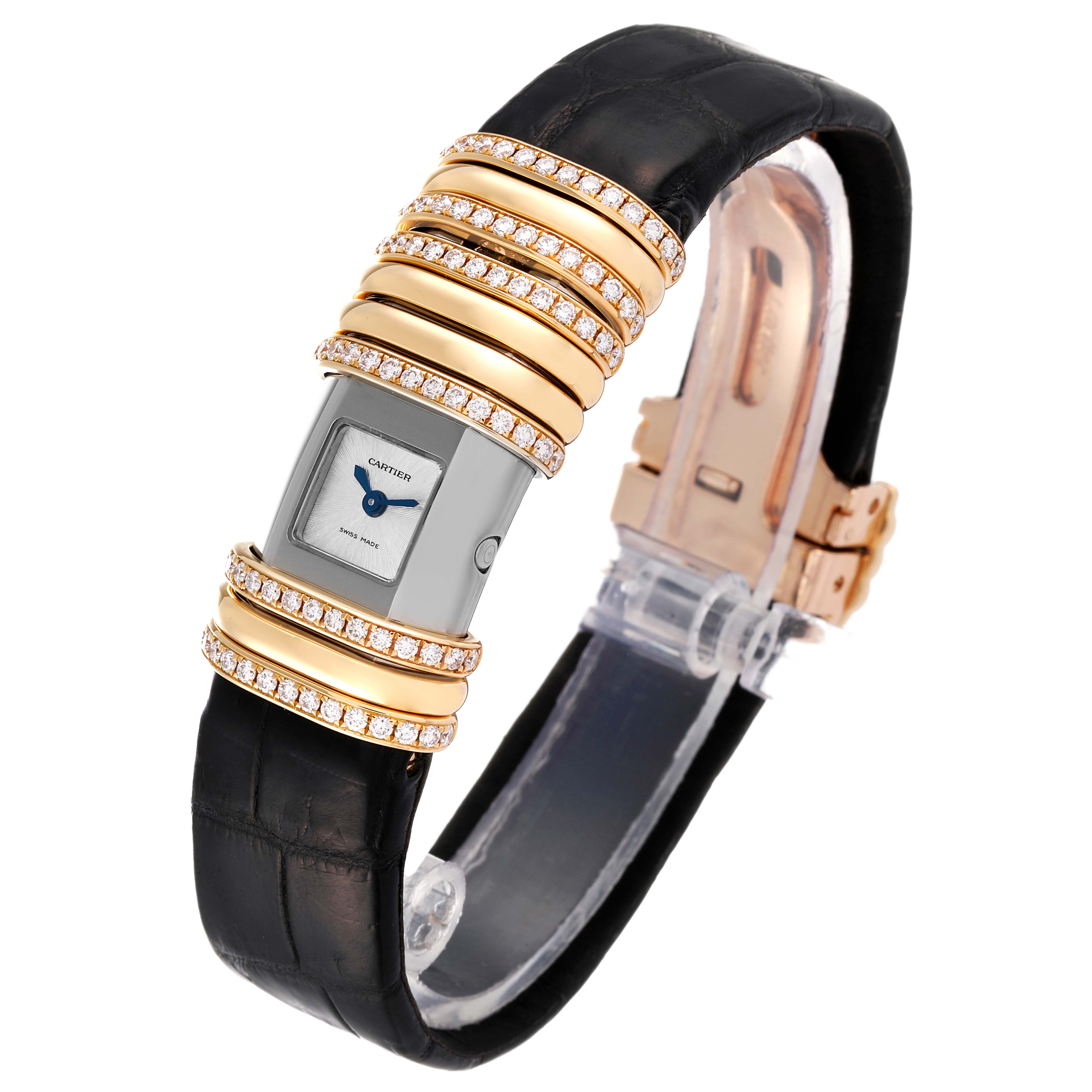 The Cartier Declaration WT000150 Women's Steel and Gold (two tone) Silver Dial WT000150 Women's Steel and Gold (two tone) Silver Dial watch is shown at a three-quarter angle, showcasing the face, strap, and decorative elements.