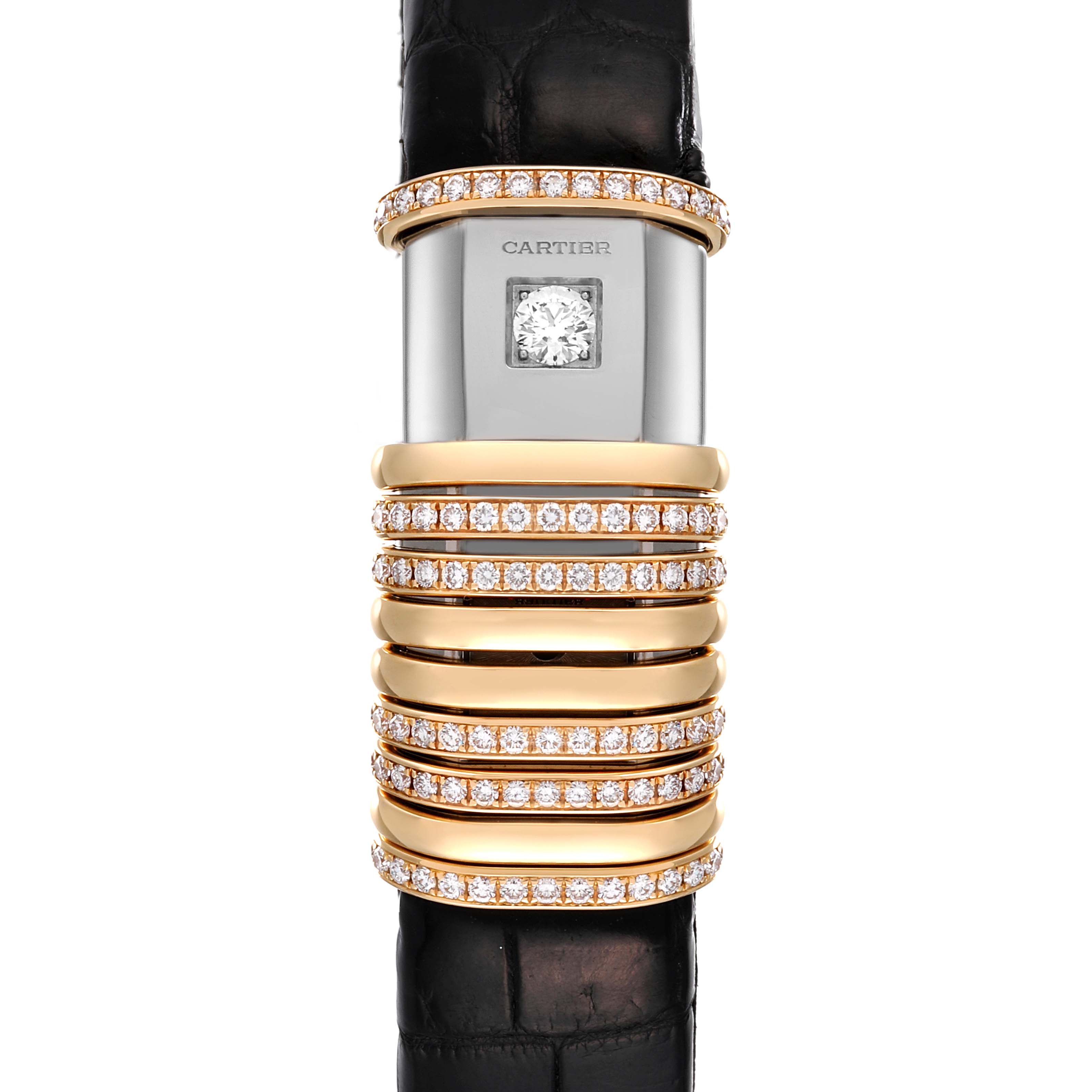 The image shows a Cartier Declaration WT000150 Women's Steel and Gold (two tone) Silver Dial WT000150 Women's Steel and Gold (two tone) Silver Dial model watch from the front, highlighting the band and diamond-encrusted case.