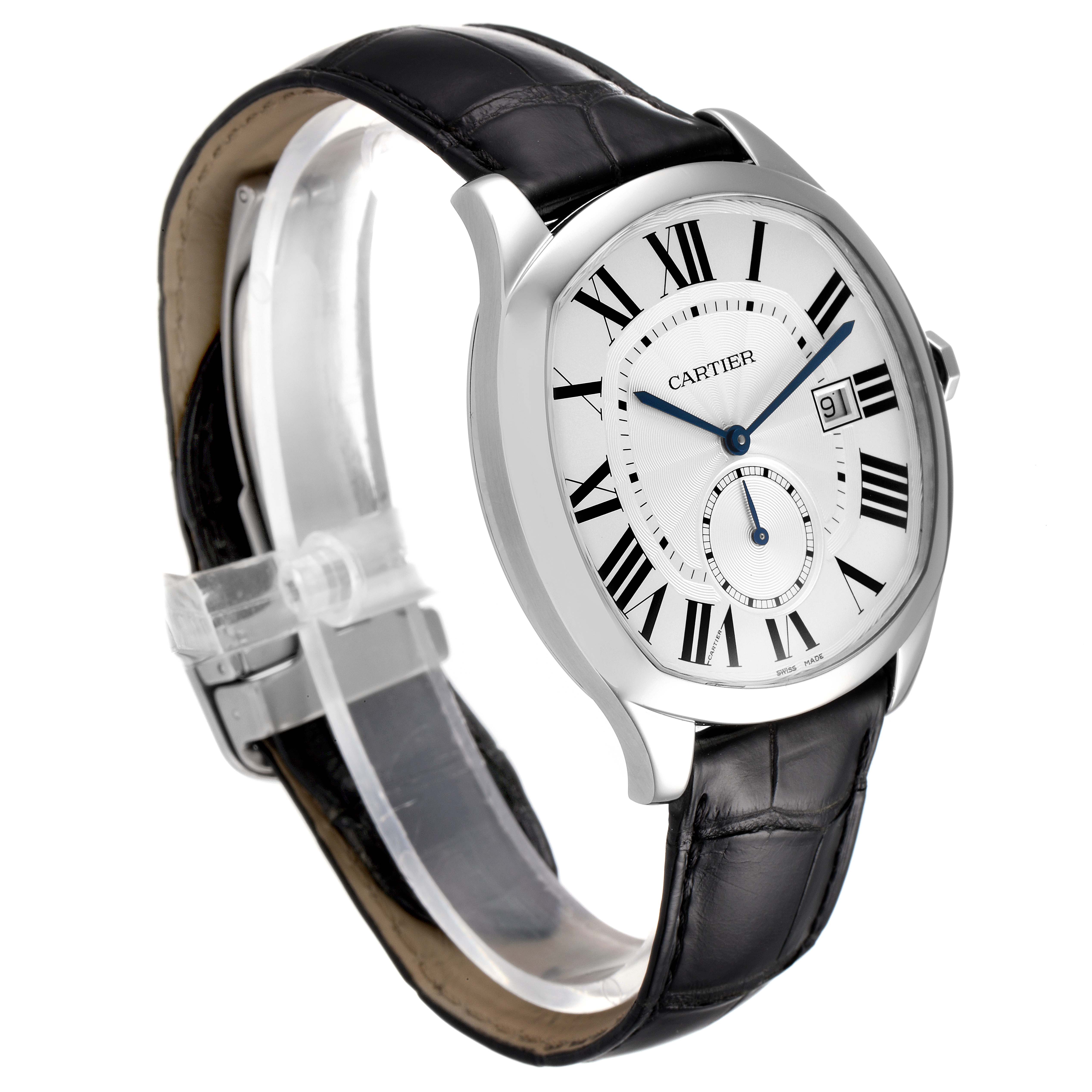 The Drive de Cartier watch by Cartier is shown at an angled side view, highlighting the white dial, Roman numerals, and black leather strap.