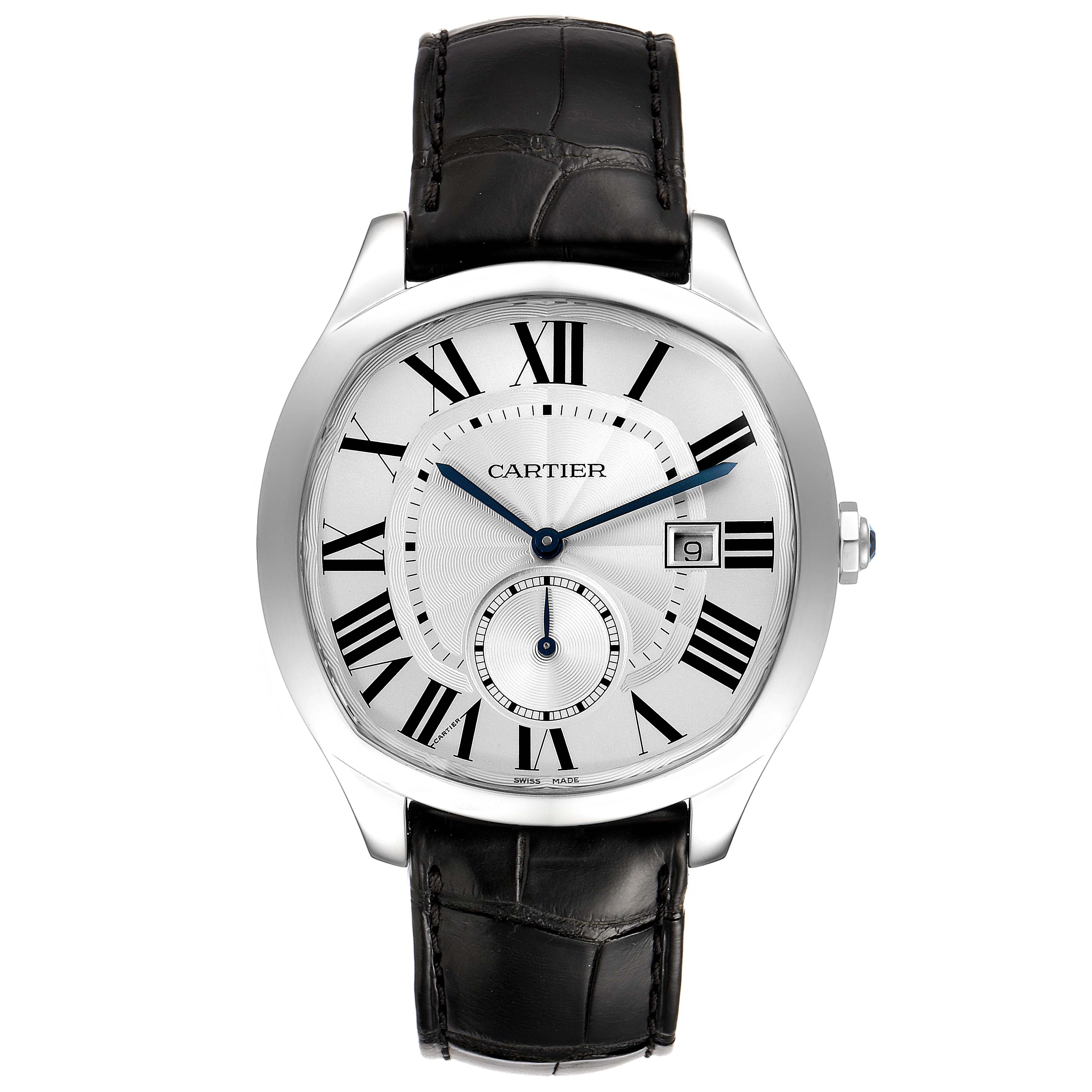 The image shows a front view of the Drive de Cartier watch by Cartier, displaying its dial, hands, date window, and leather strap.