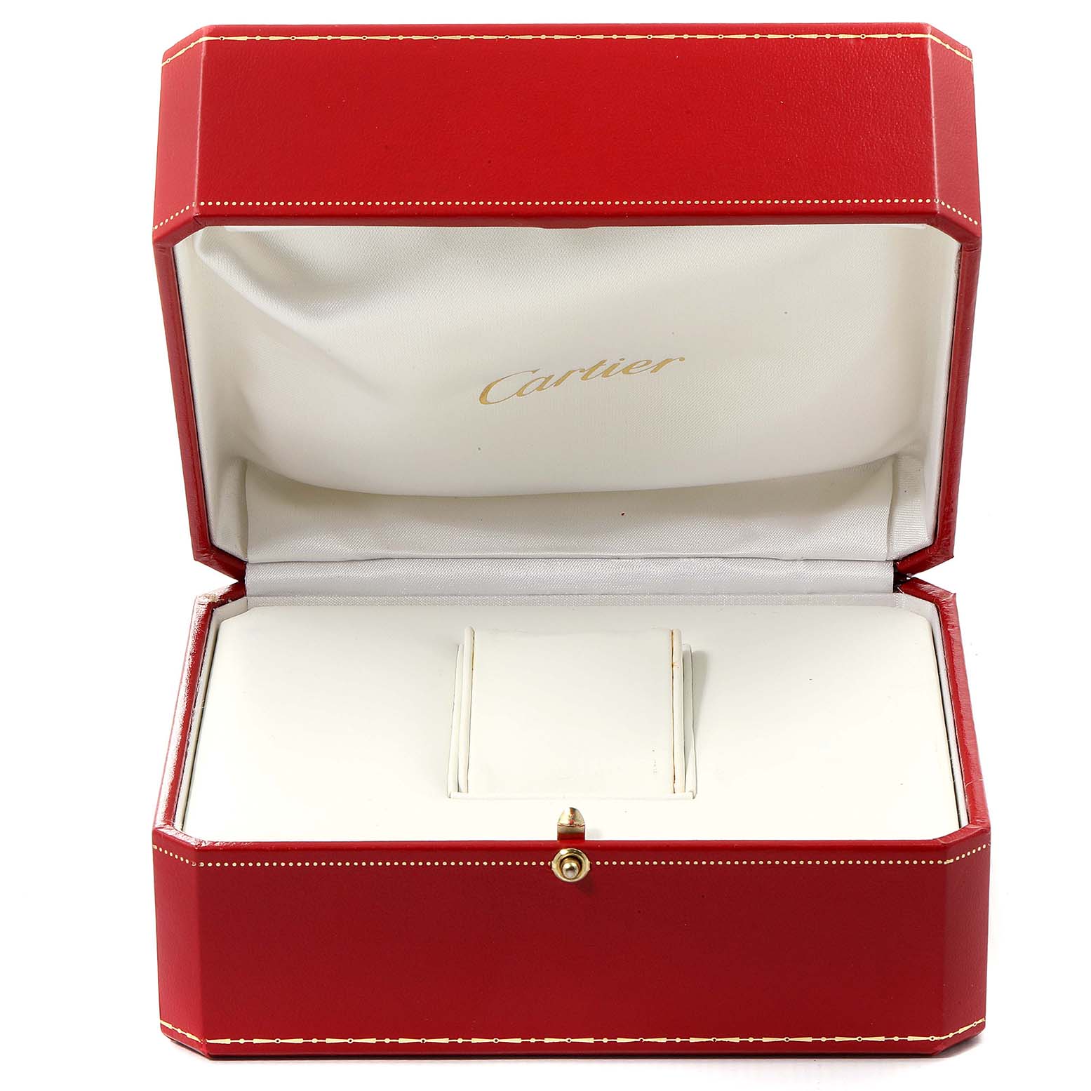 This image shows an open red Cartier watch box for the Drive de Cartier model.