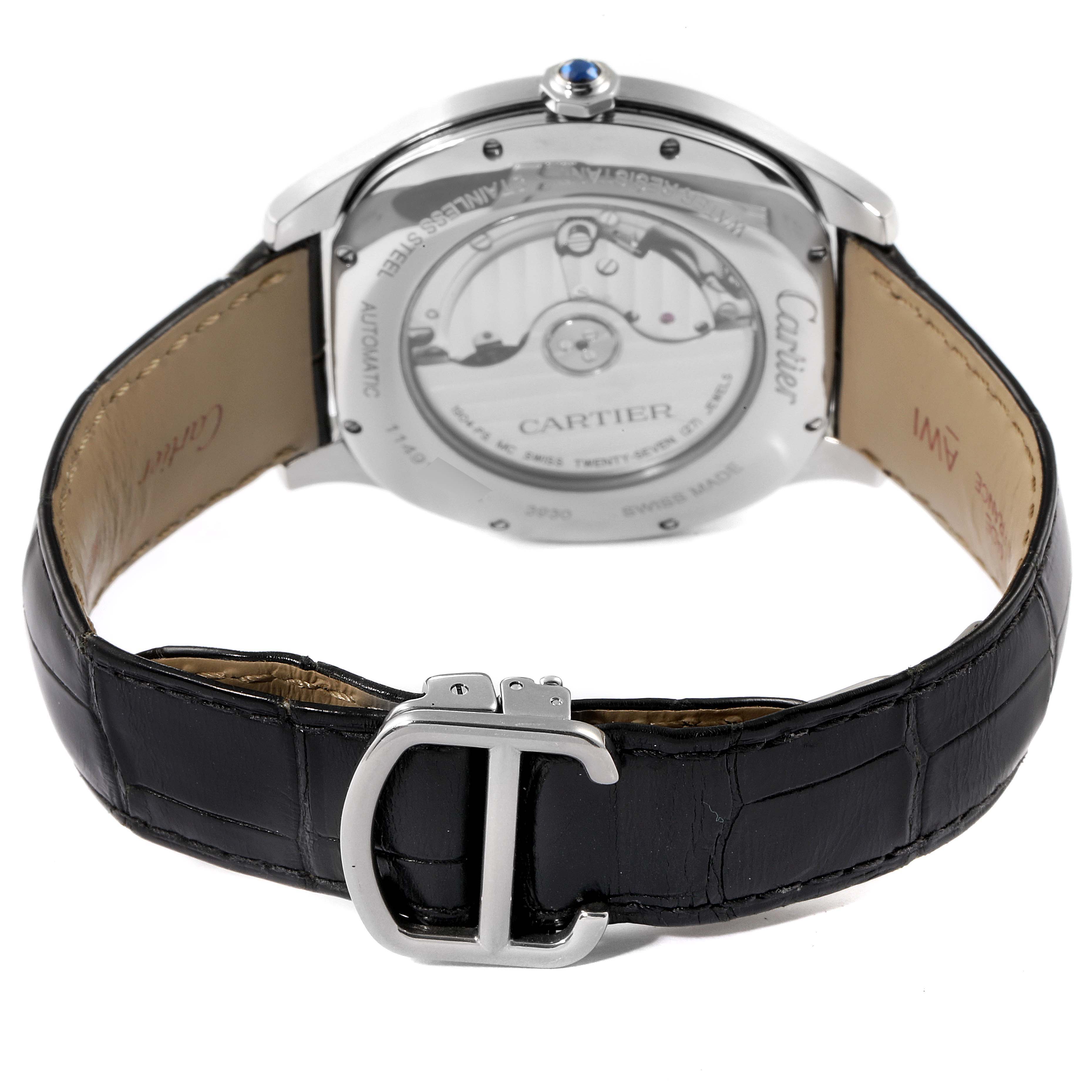 The image shows the back view of the Drive de Cartier watch by Cartier, including the movement and leather strap.