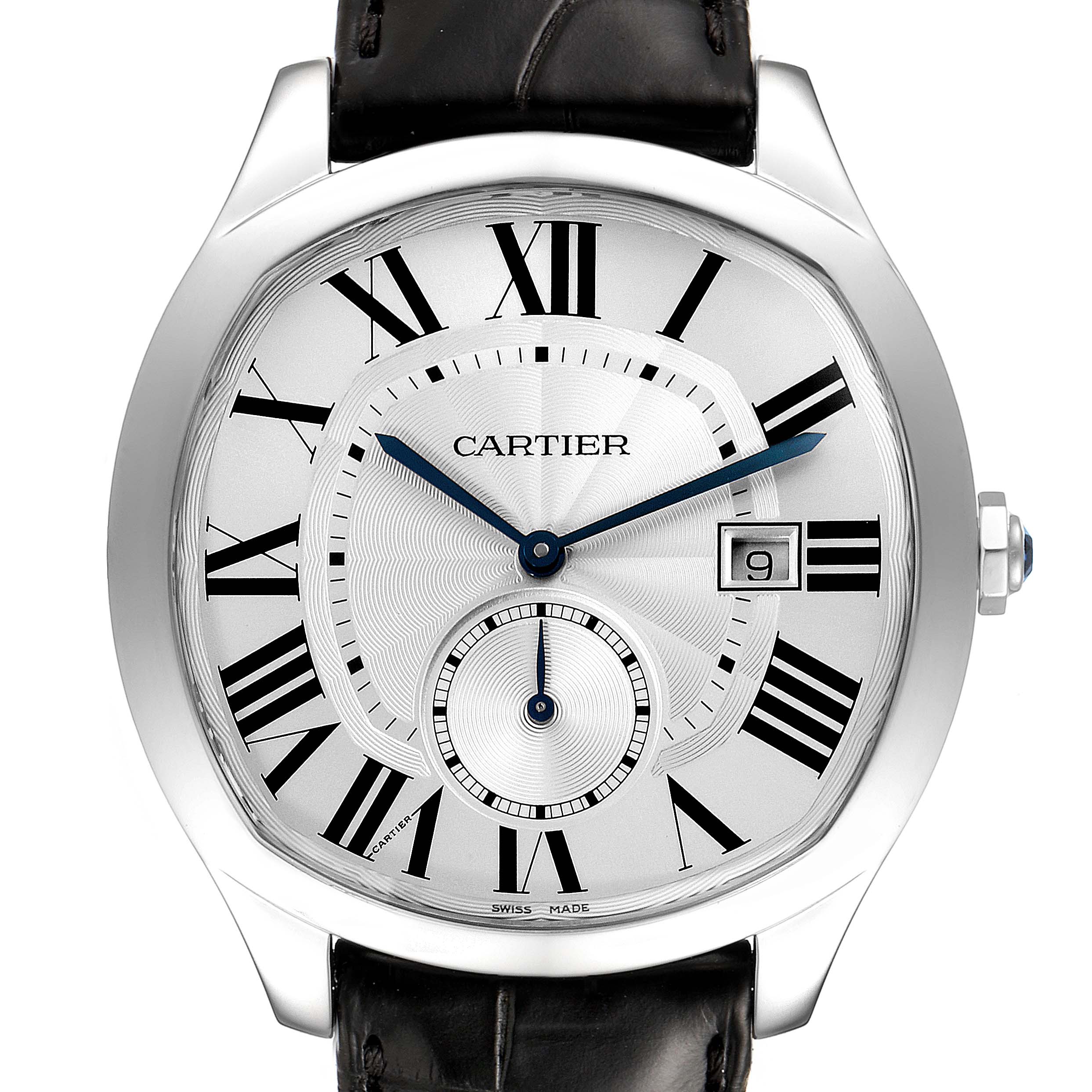 The image shows a front view of the Drive de Cartier watch by Cartier, featuring its face, Roman numerals, hands, and date window.
