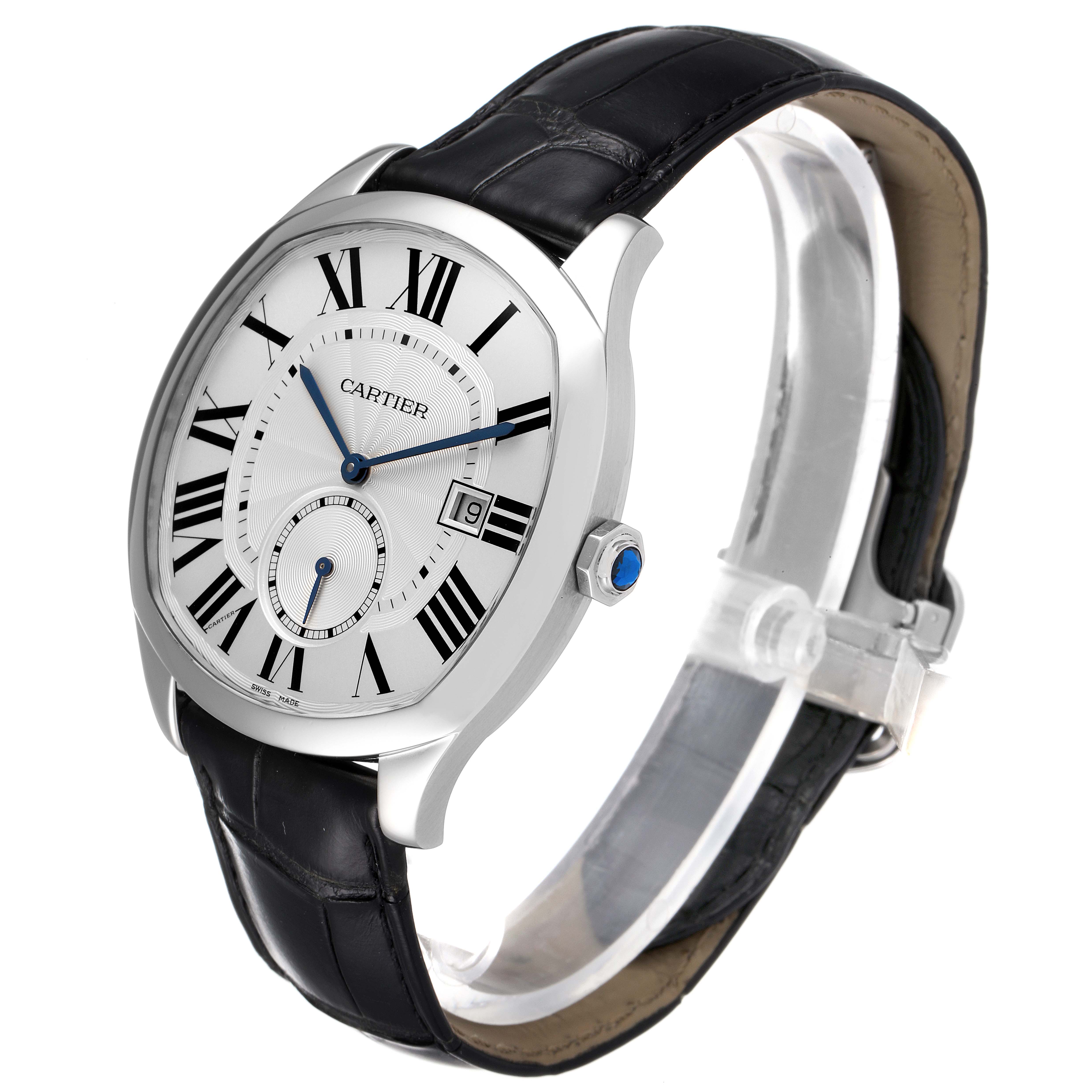 The image shows a Drive de Cartier watch by Cartier at a three-quarter angle, highlighting the face, crown, and leather strap.