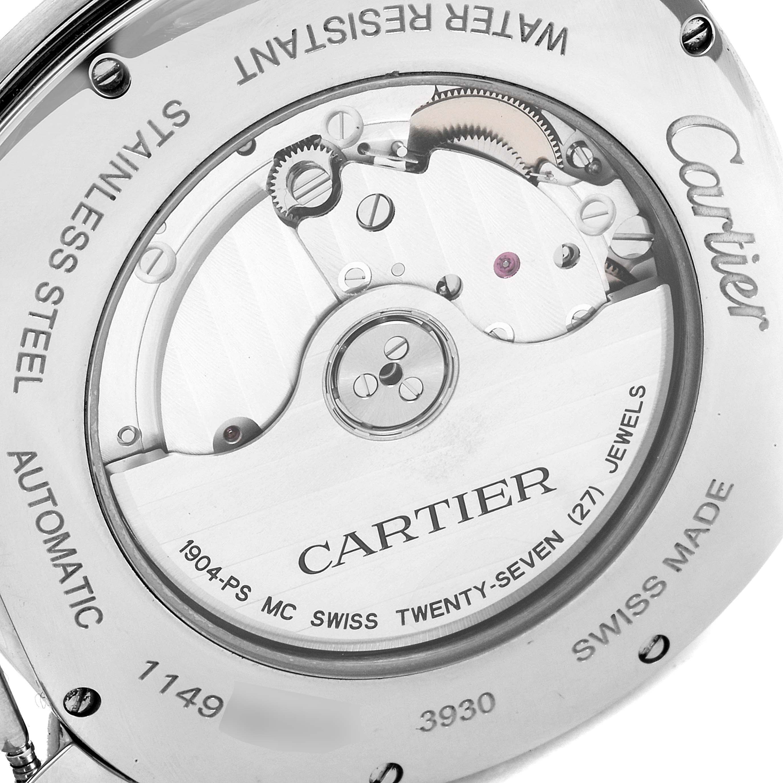 The image shows the back of a Drive de Cartier model by Cartier, highlighting its automatic movement and inner mechanisms.
