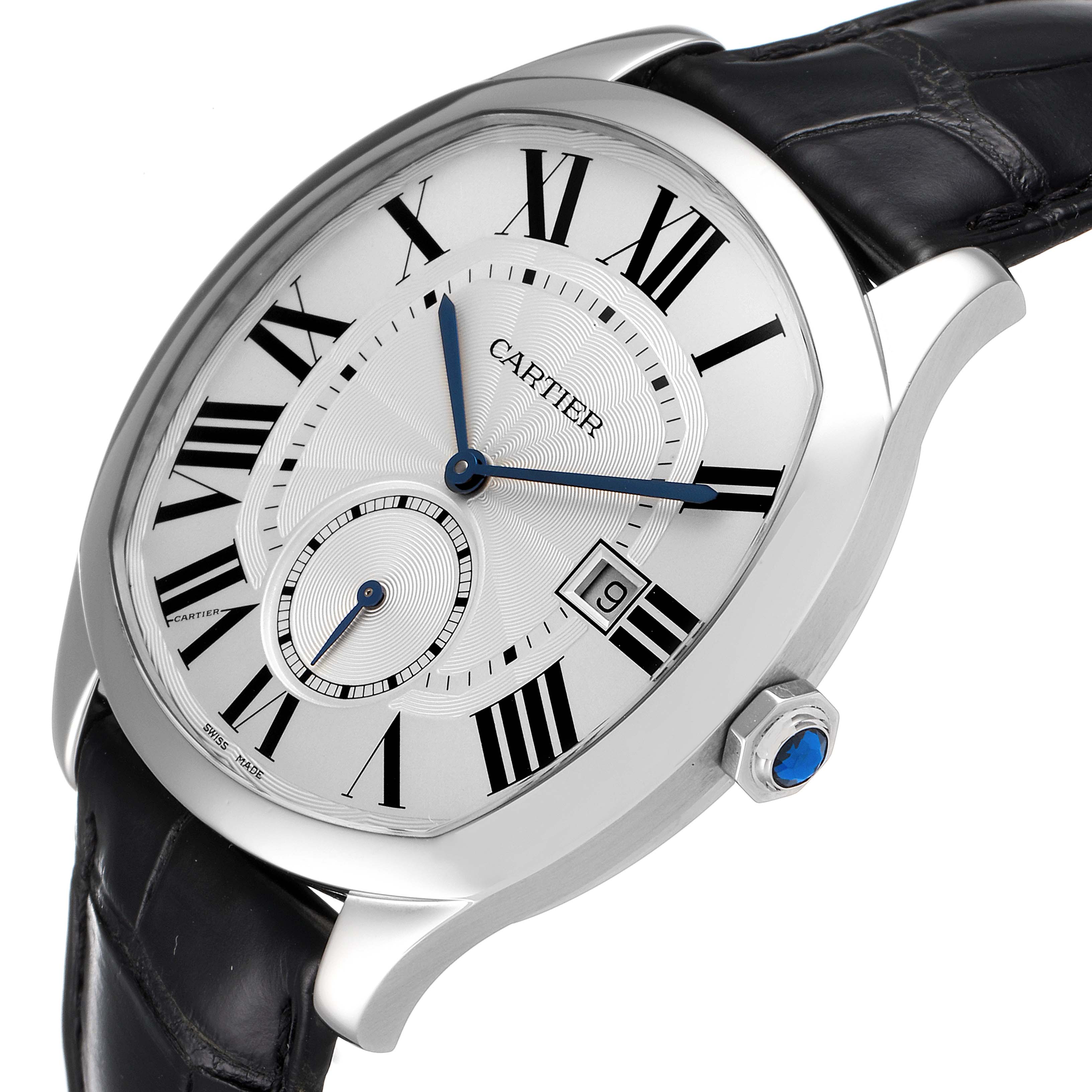 The Drive de Cartier watch by Cartier is shown at a slight angle, displaying the face, case, crown, and part of the leather strap.