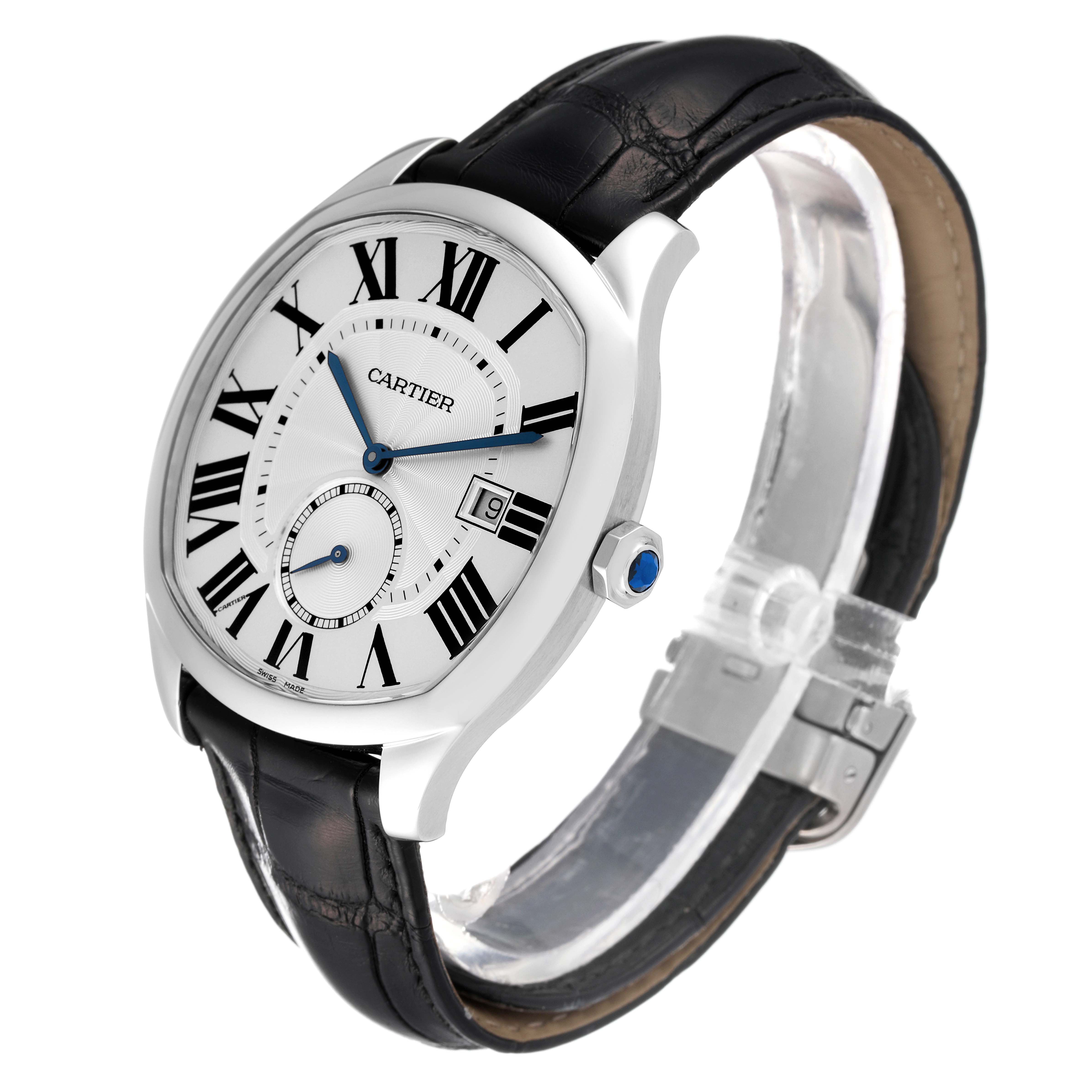 The Drive de Cartier watch by Cartier is shown at an angled side view, highlighting its dial, case, and leather strap.