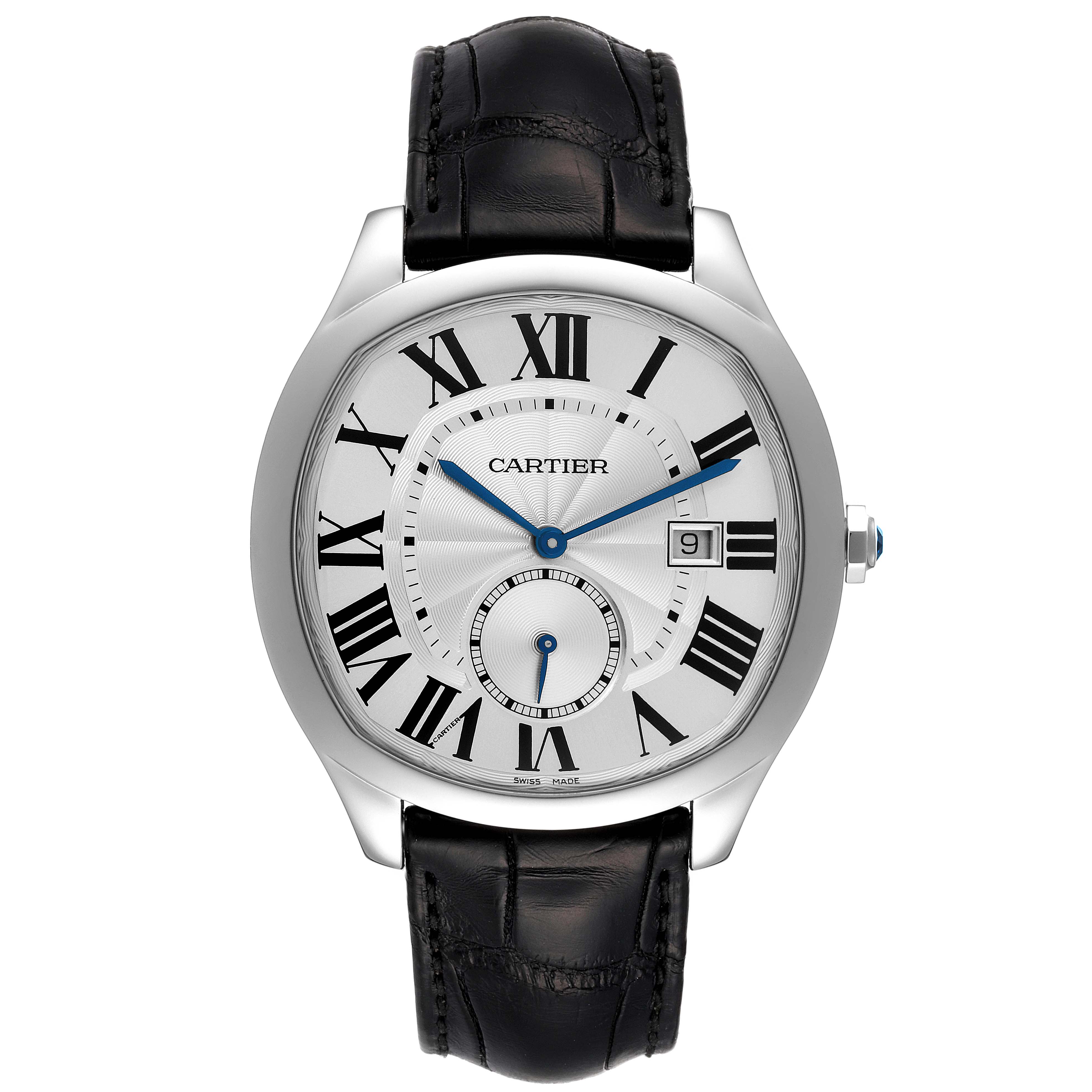 The image shows a Drive de Cartier watch by Cartier, viewed from the front, displaying its face and black leather strap.