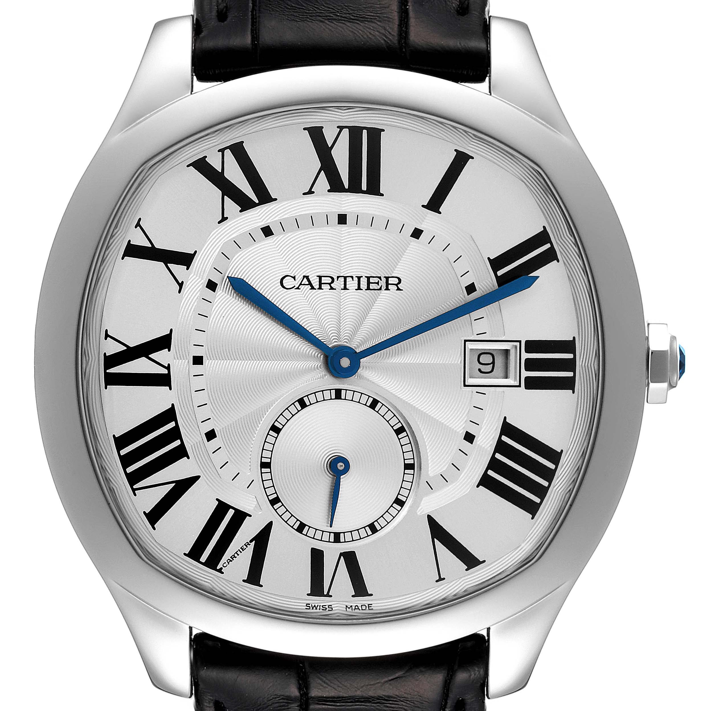 The image shows a close-up, front view of the Cartier Drive de Cartier WSNM0004 Men's Stainless Steel Silver Dial WSNM0004 Men's Stainless Steel Silver Dial model watch, displaying the dial, crown, and a portion of the strap.