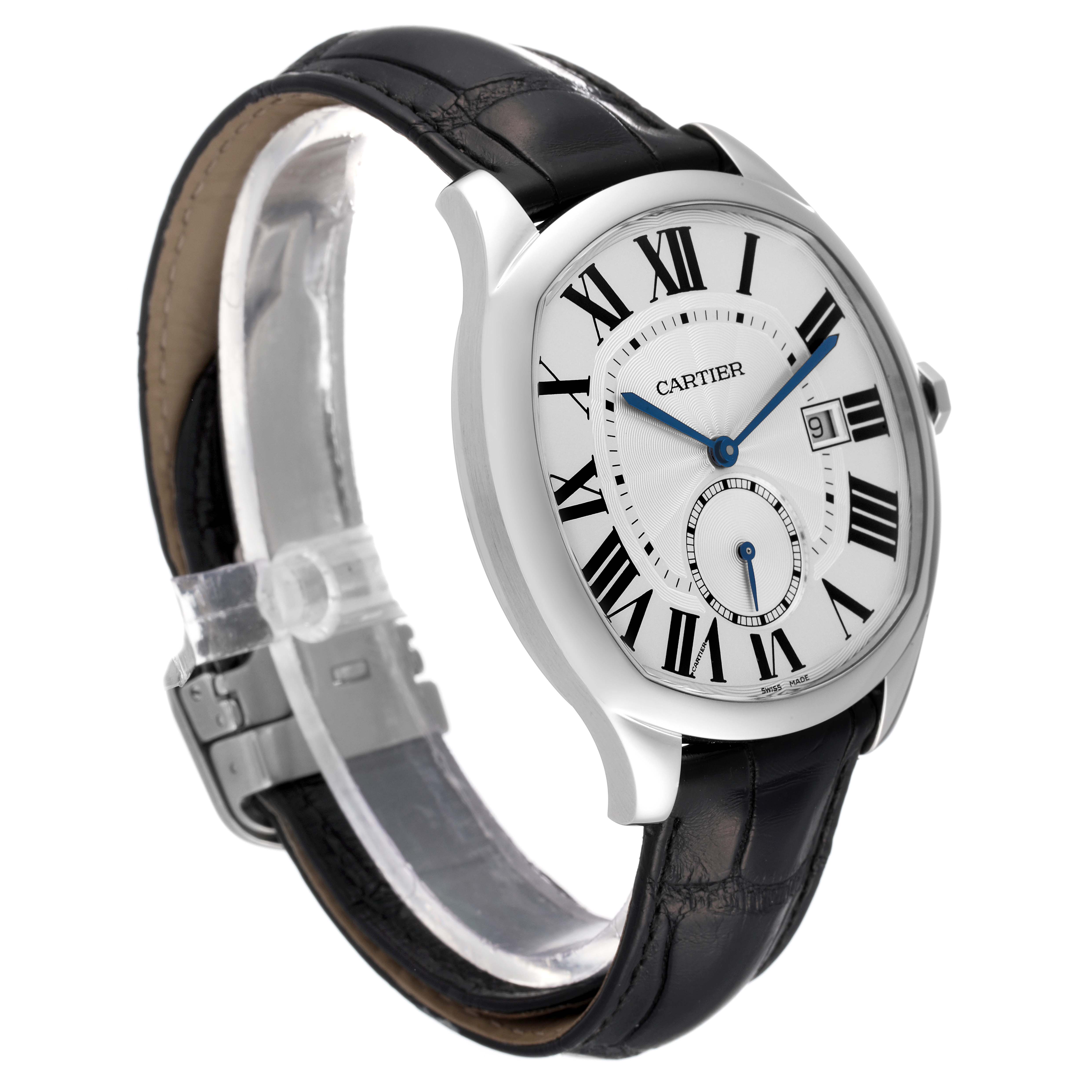 The image shows a Drive de Cartier watch by Cartier at a three-quarter angle, highlighting its face, case, and leather strap.