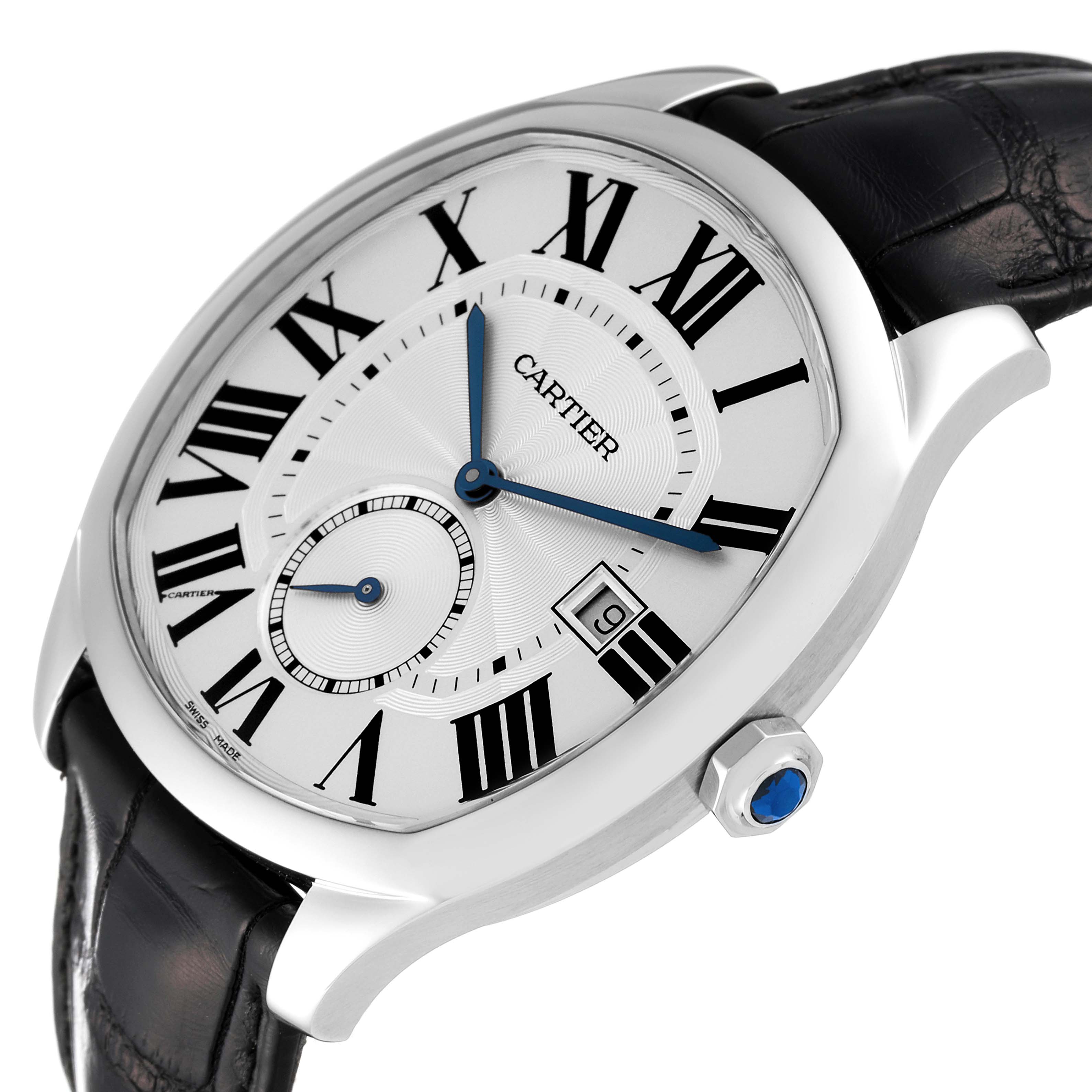 The image shows a Drive de Cartier watch by Cartier from a front-side angle, highlighting its face, crown, and strap.