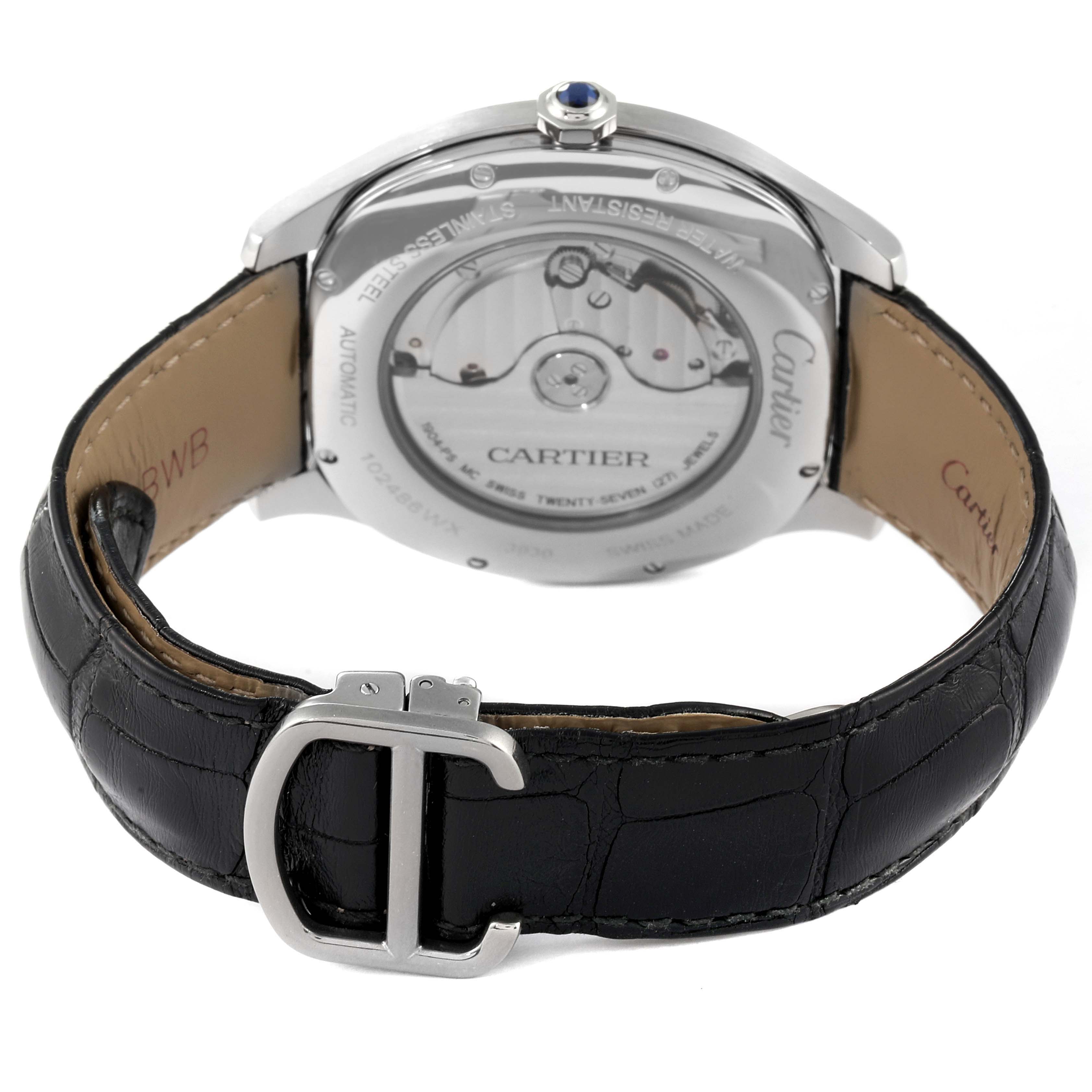 The image shows the rear view of a Drive de Cartier watch by Cartier, highlighting the movement and the leather strap.
