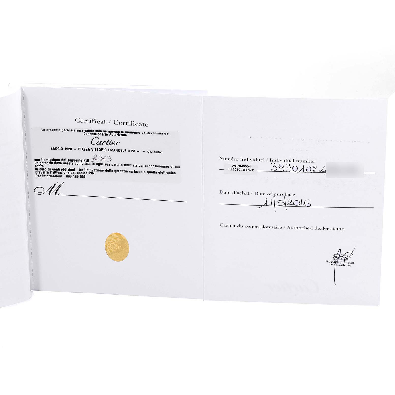 The image shows the warranty certificate for a Drive de Cartier watch by Cartier, including the purchase date and serial number.