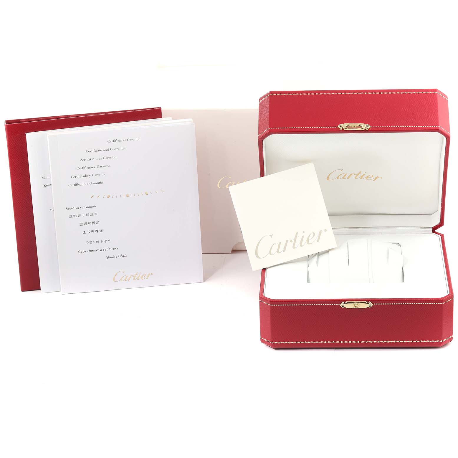 The image shows the packaging and documents for the Drive de Cartier watch by Cartier, including the red watch box and certificates.